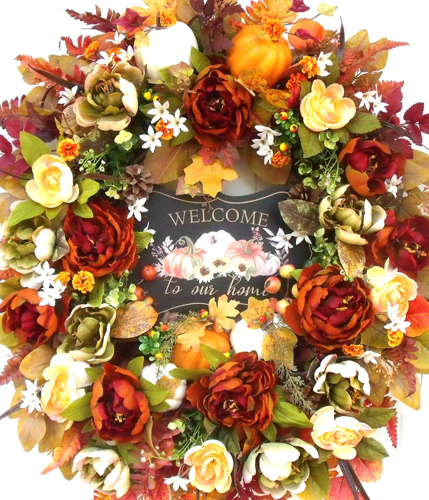 Fall Door Wreath, Thanksgiving Autumn Peony Pumpkin Wreath, Sage Orange Rust