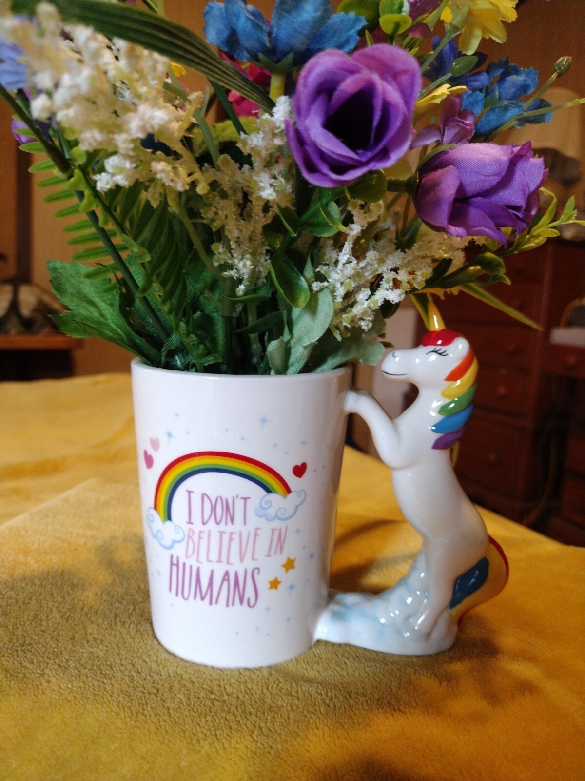 “I Don’t Believe In Humans” Rainbow Unicorn Mug Artificial Flower Arrangement