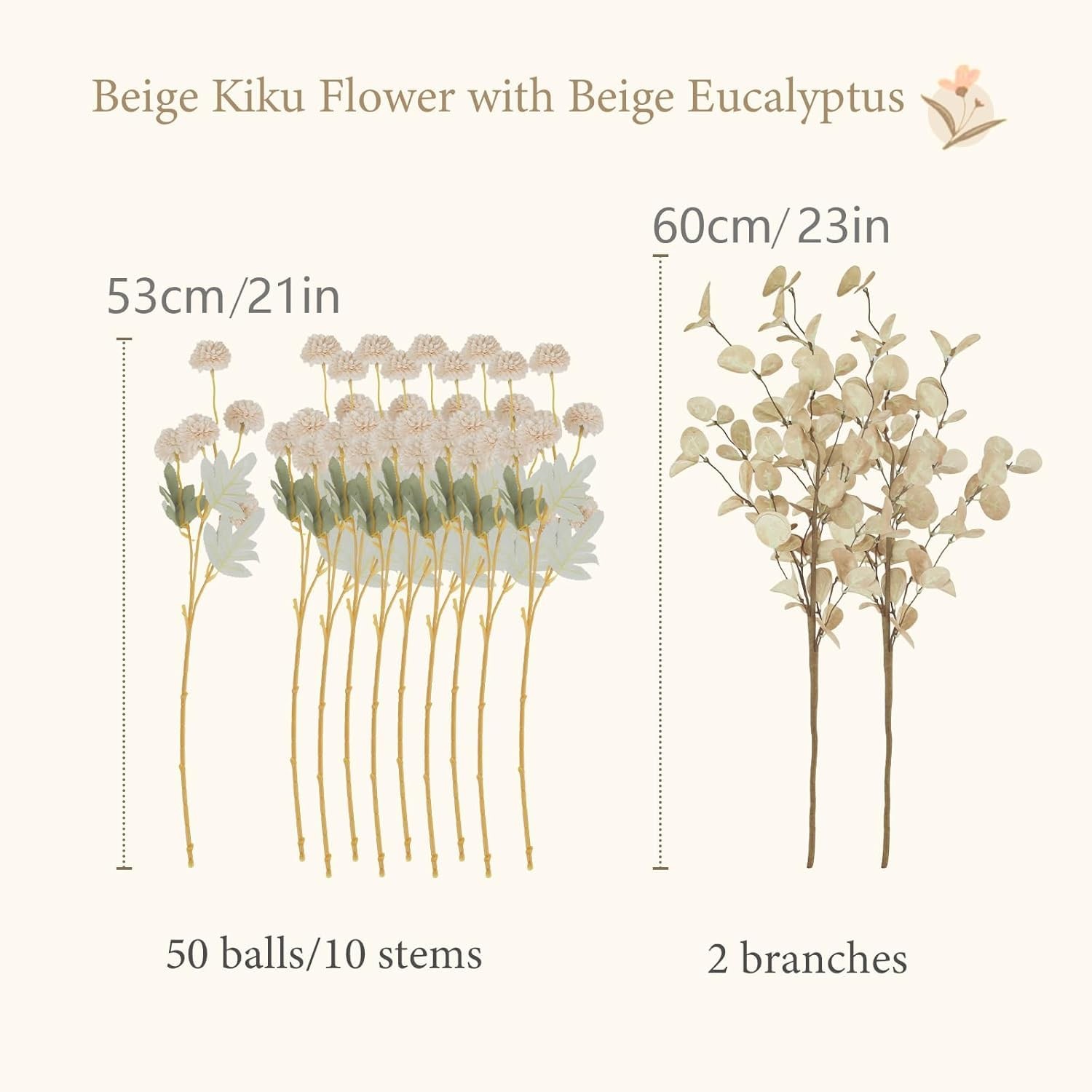 12 Pcs Beige Fake Flowers for Vase, 50 Heads Faux Silk Mums with Eucalyptus, …