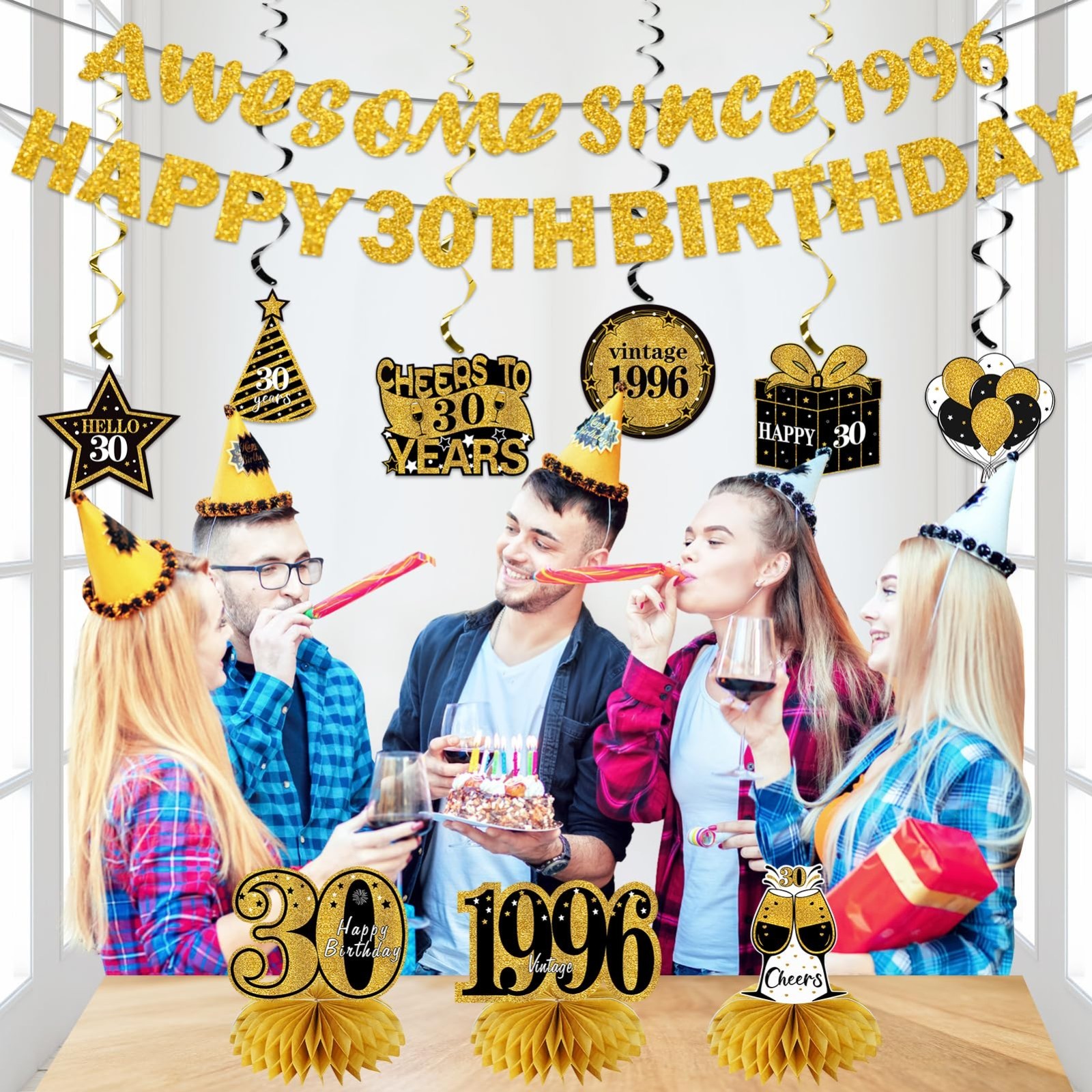 30th Birthday Decorations Kit – 11Pcs Black Gold Banner, Centerpieces & Swirls P