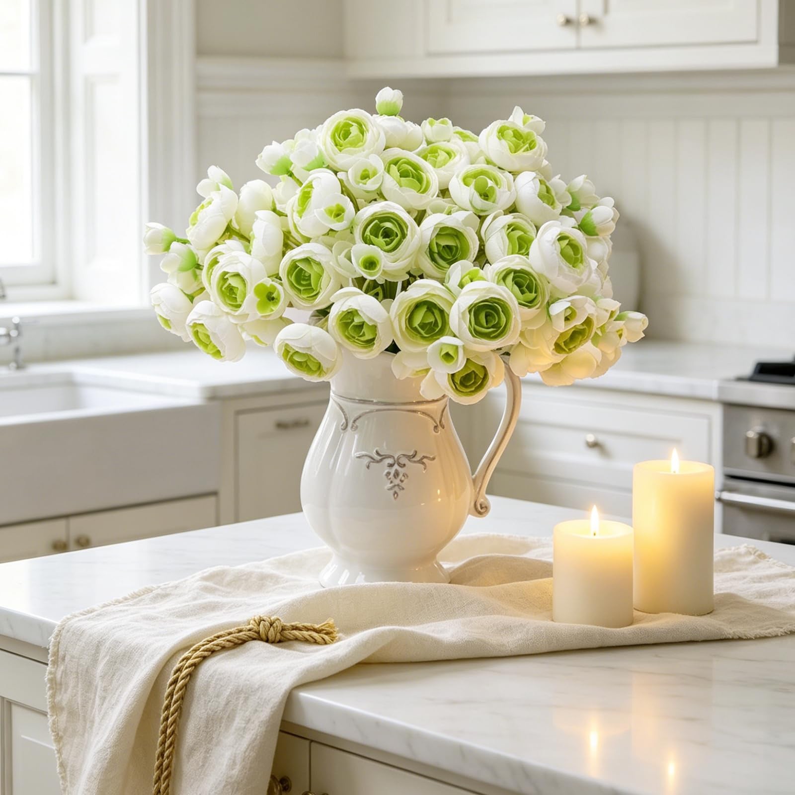 32Pcs Green Real Touch Ranunculus Artificial Flowers
