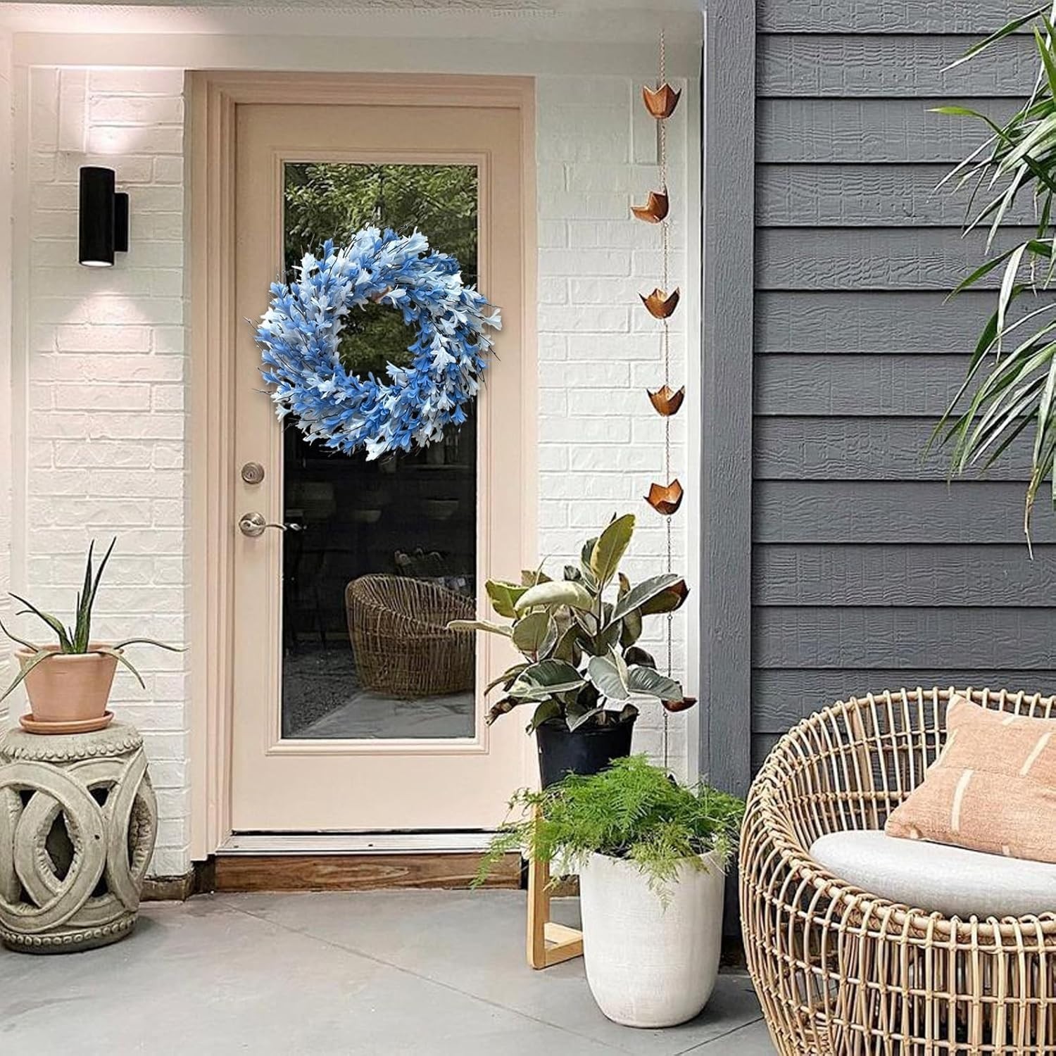 22 Inch Blue Artificial Forsythia Wreath Spring Summer Fall Silk Door