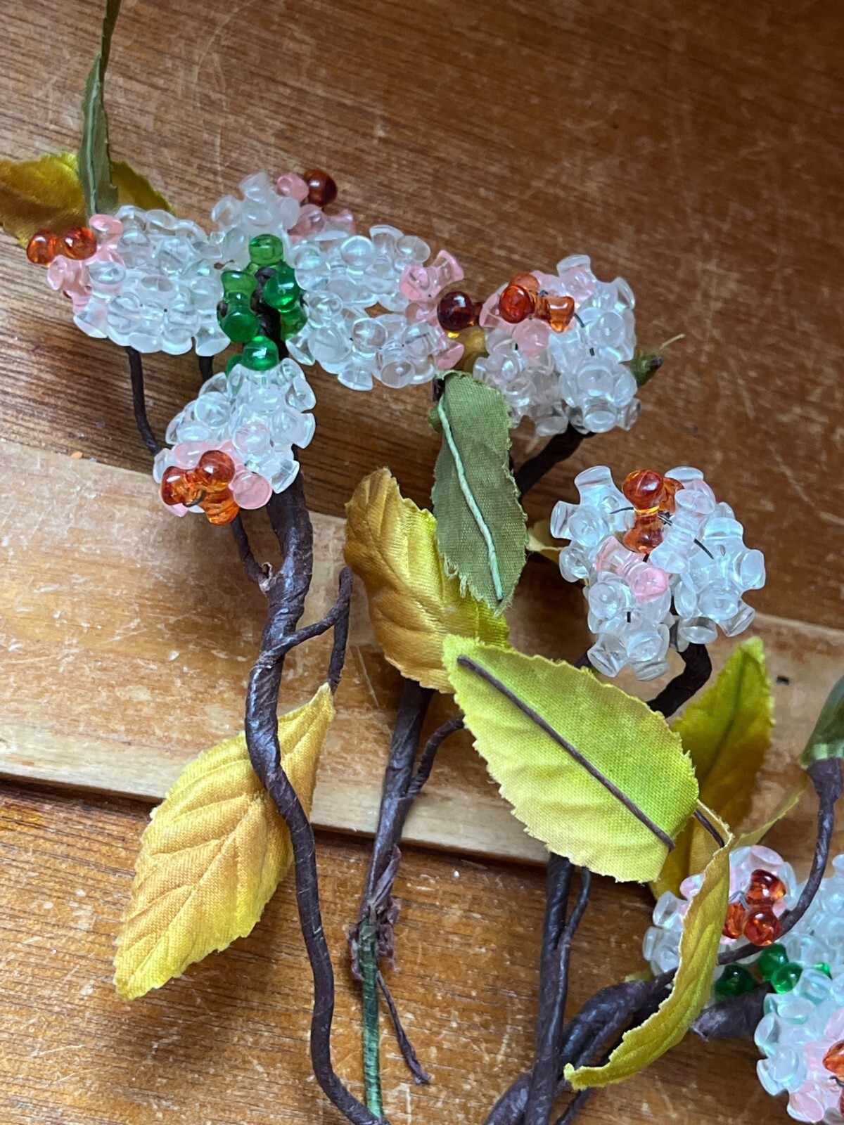 Hand Made Clear Pink & Orange Plastic Flowers w Green Silk Leaves –