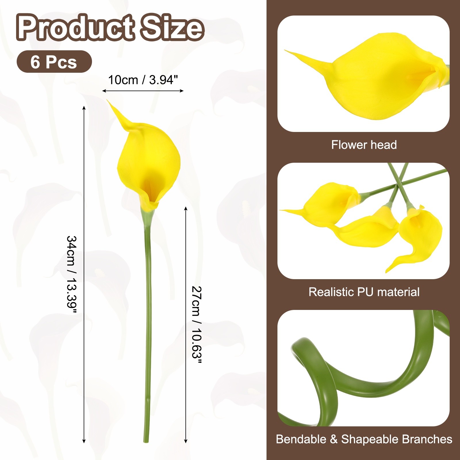 6 Pcs 13 Inch Artificial Calla Lily Fake Flowers Real Touch, Yellow