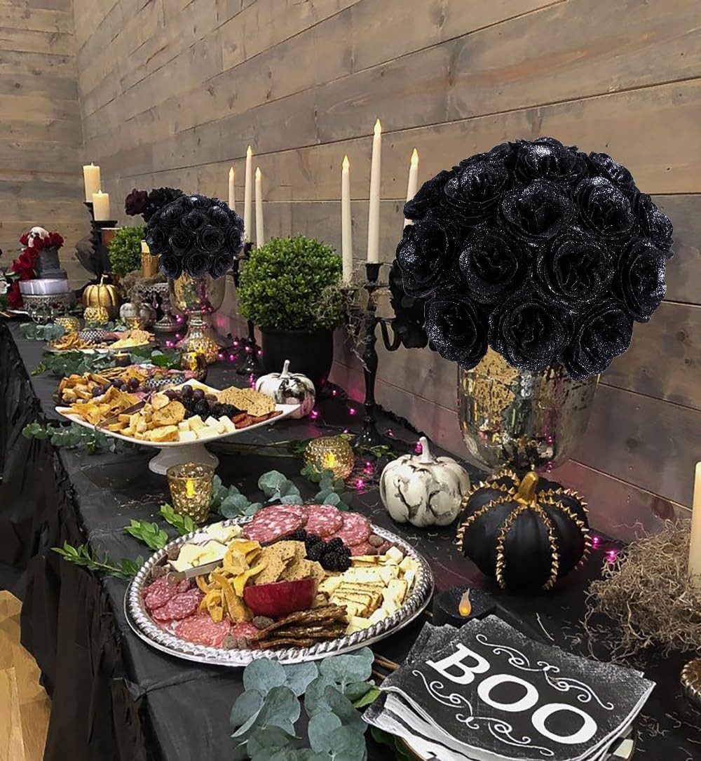 30 PCS Black Glitter Roses Artificial Silk Flowers Wedding Party Home Decor