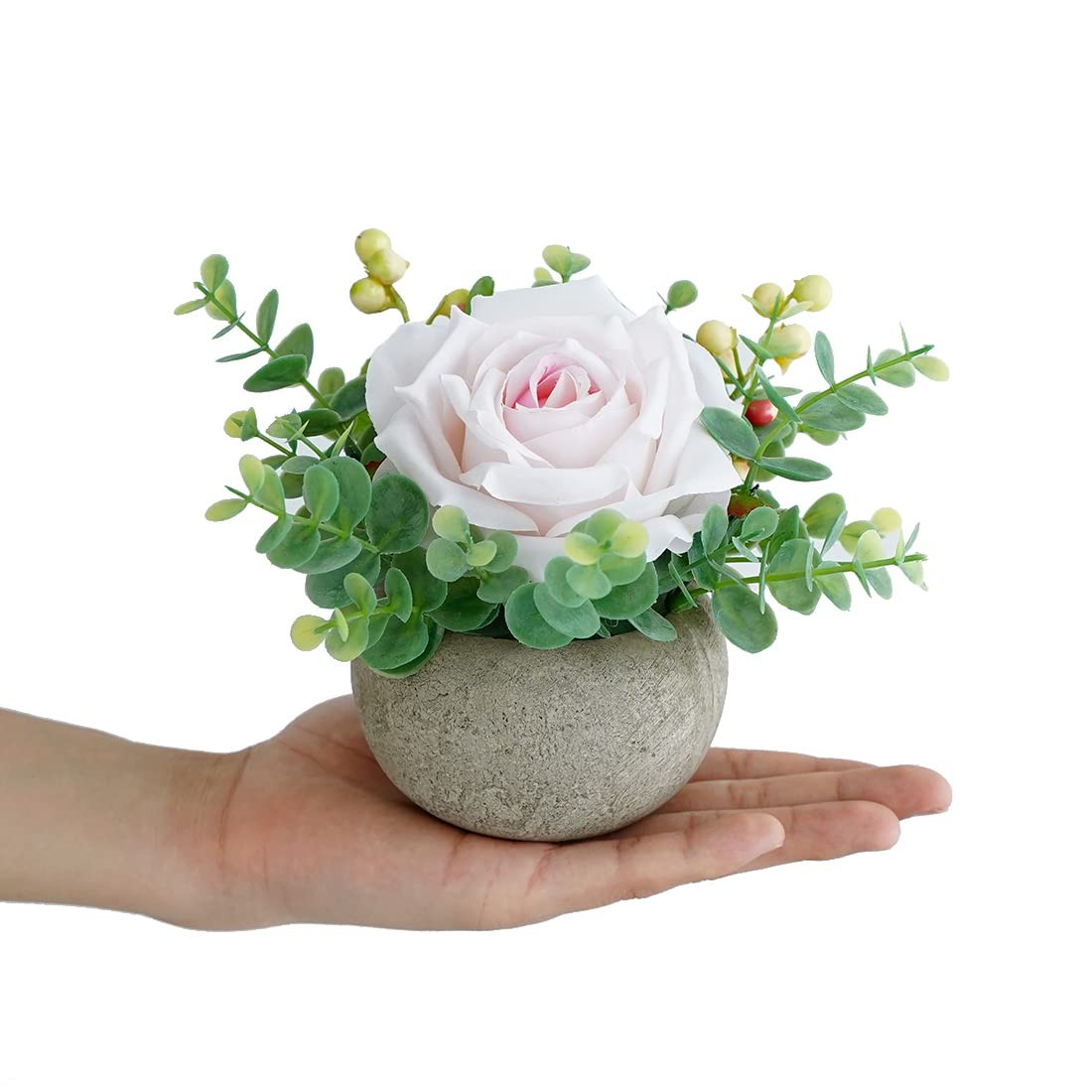 Small Artificial Light Pink Rose Potted Plant, 6″ Fake Silk Flowers in 3.5″ R…