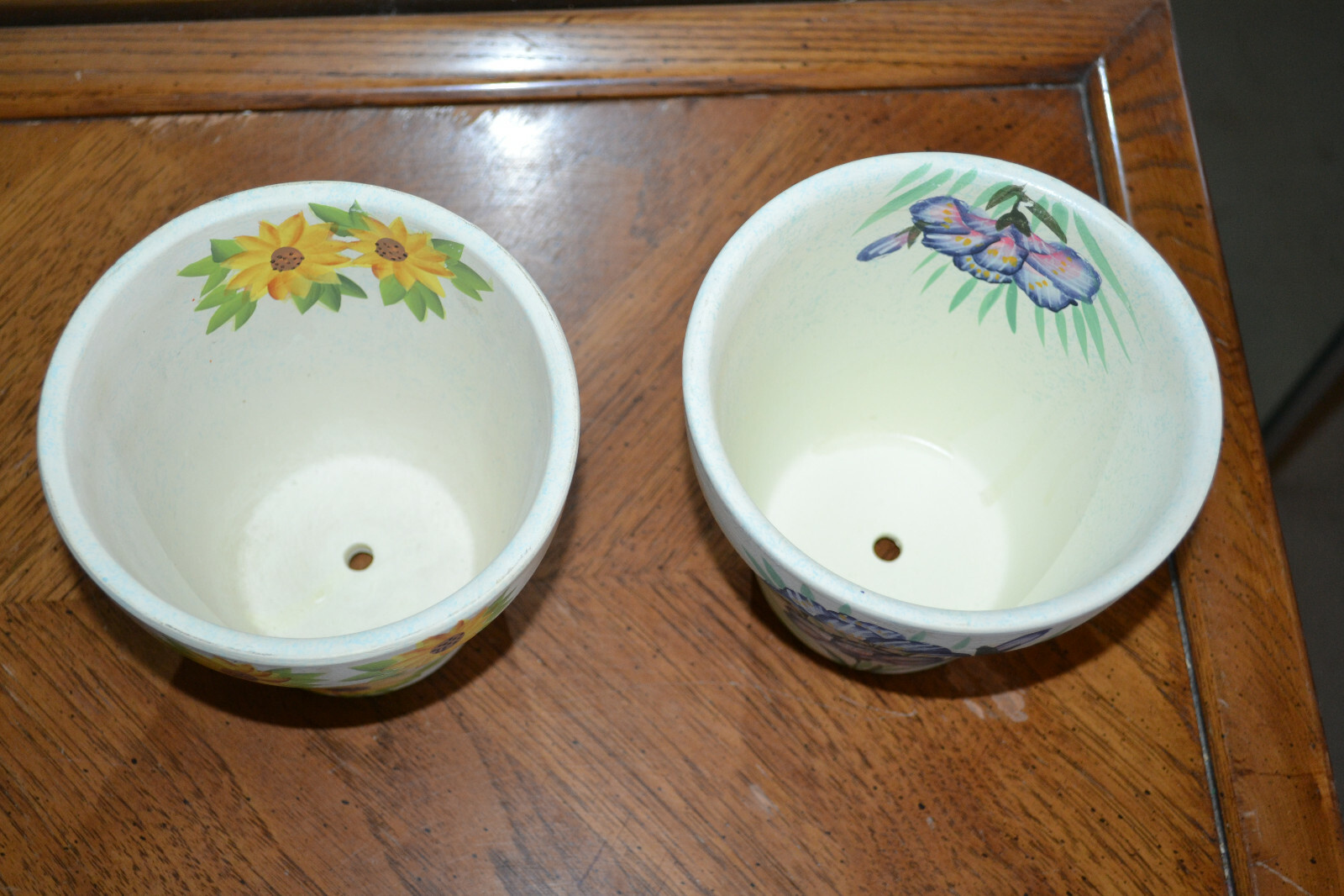 A pair of painted 5 1/4″ terracotta indoor plant pots.