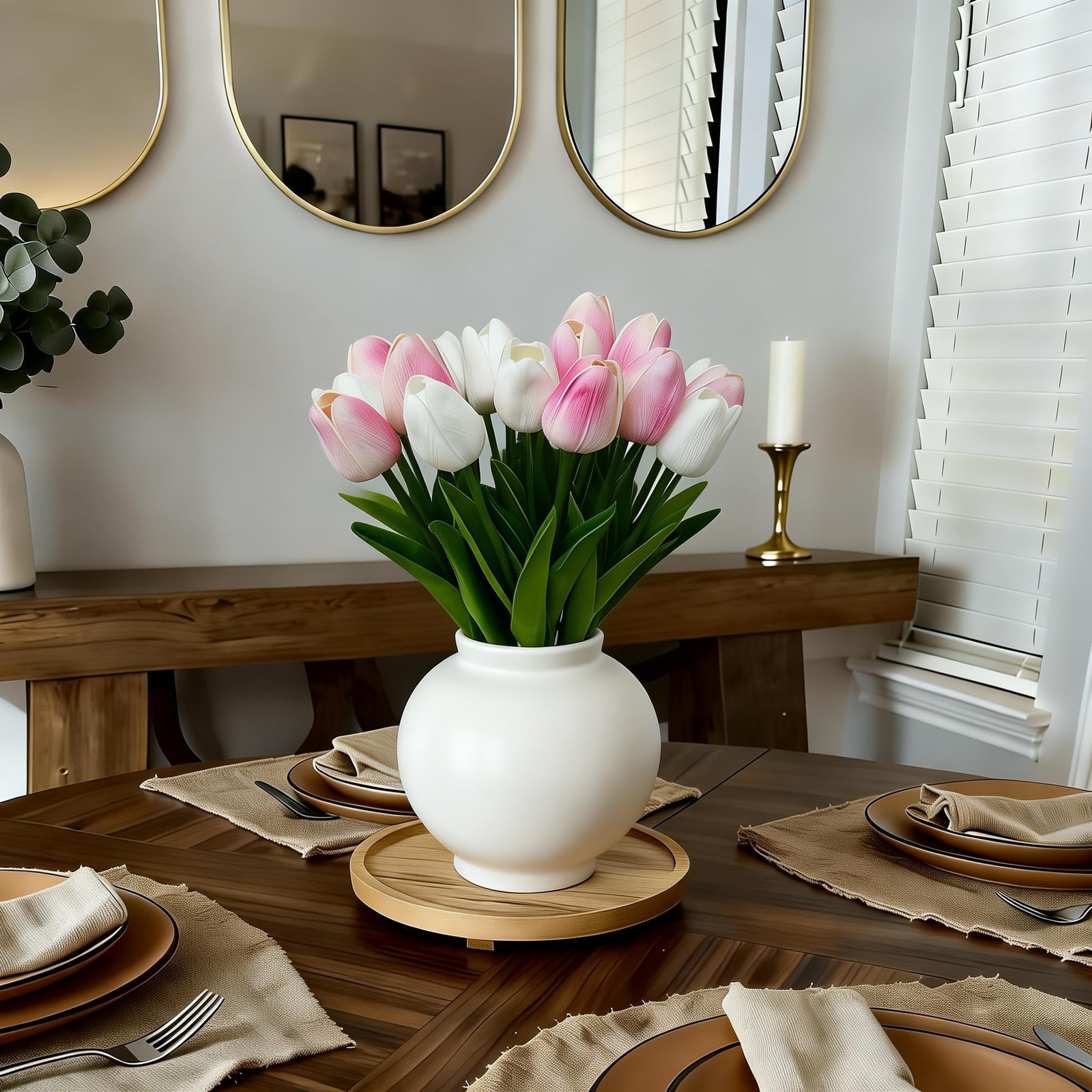 20 PCS White Pink PU Faux Tulips Flowers 13″ Fake Home Wedding Decor