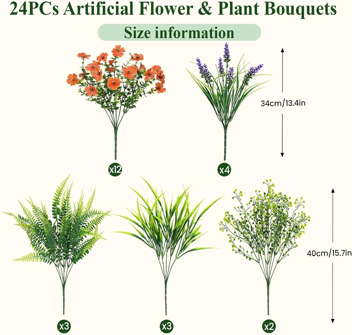 24 Bundles Artificial Flowers for Outdoors Spring Decoration, UV Resistant Eu…