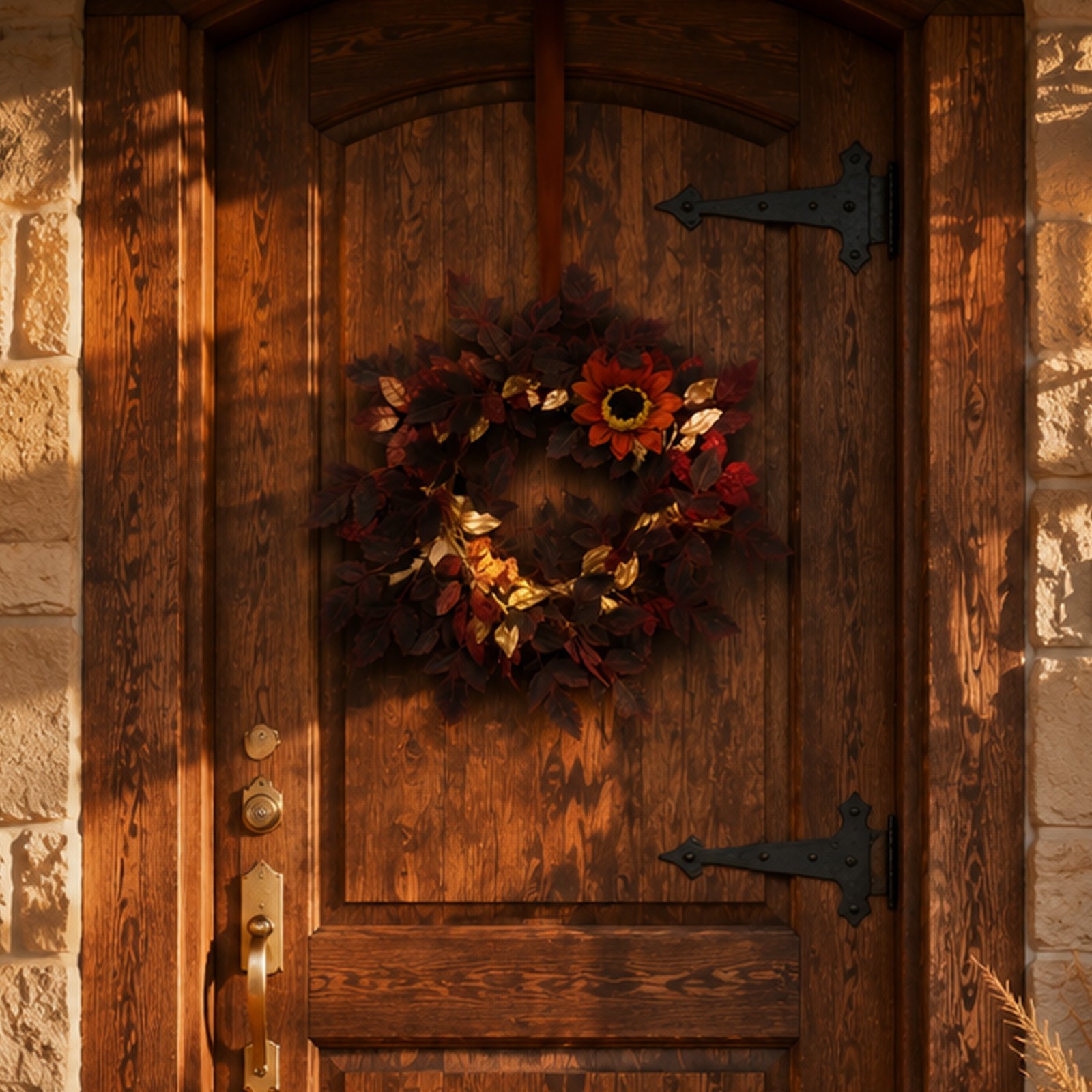18in Artificial Wreath for with Sunflowers Dark Leaves and Shiny Accents