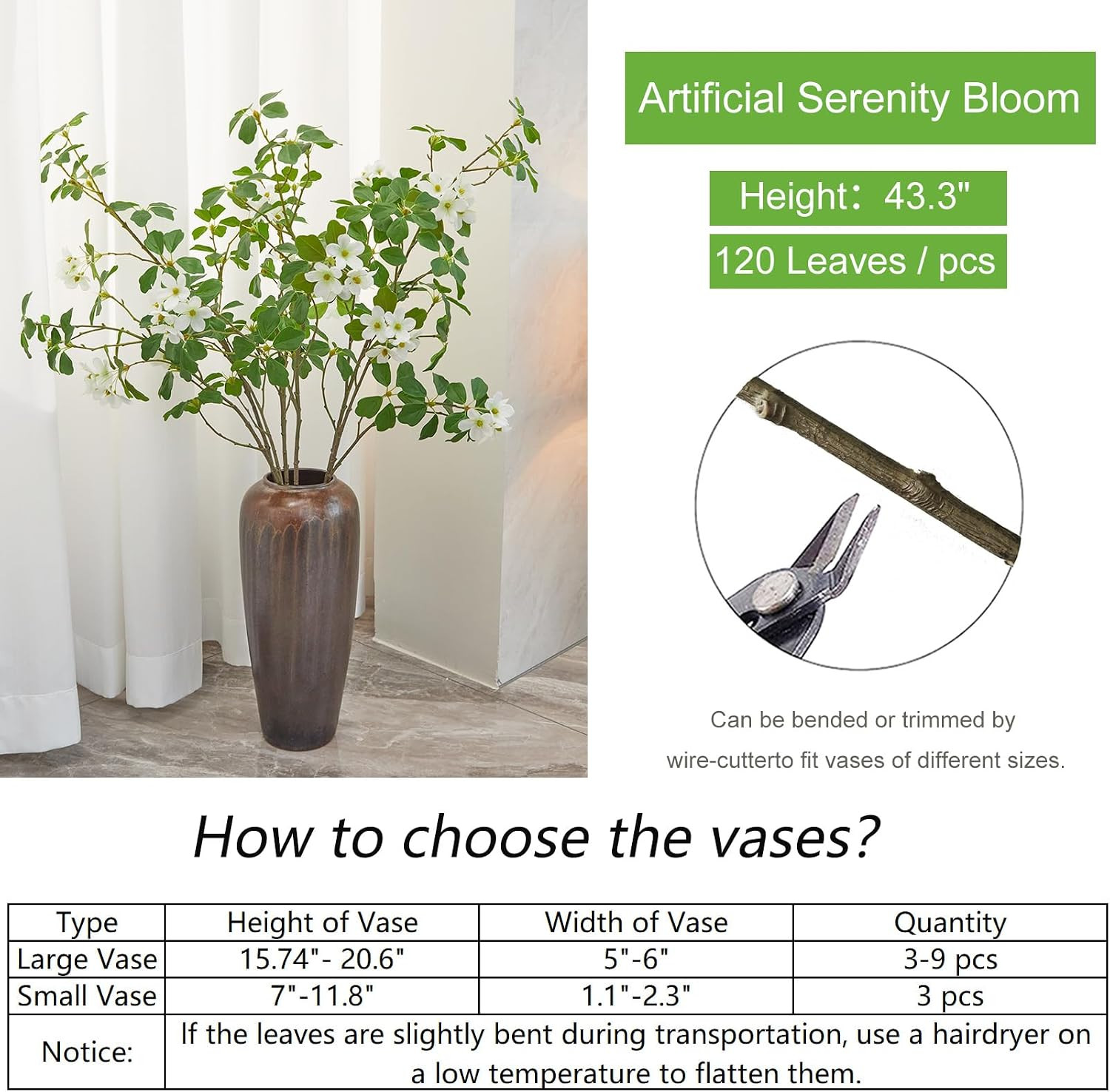 43.3″ Artificial Greenery Stems – 3 PCS Faux Silk Branches for Home Decor