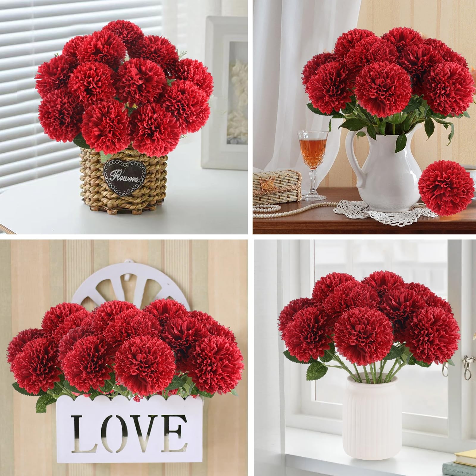 Artificial Chrysanthemums 12 PCS Burgundy Red Fake Mums Silk Flowers