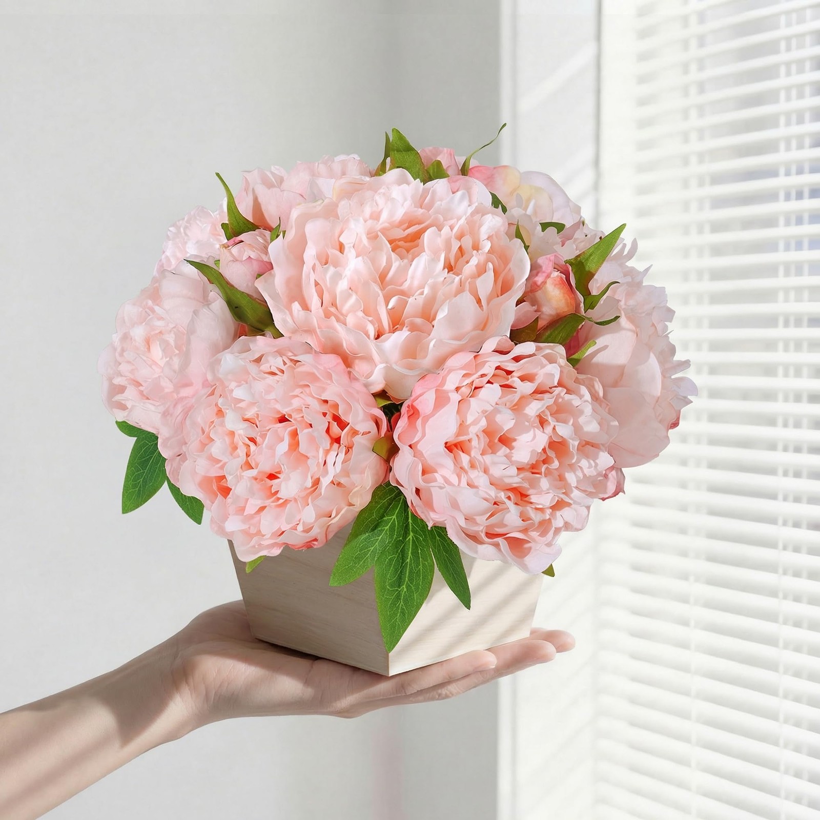 12 PCS Light Pink Artificial Peony Flowers Wood Planter Faux Silk Centerpiece