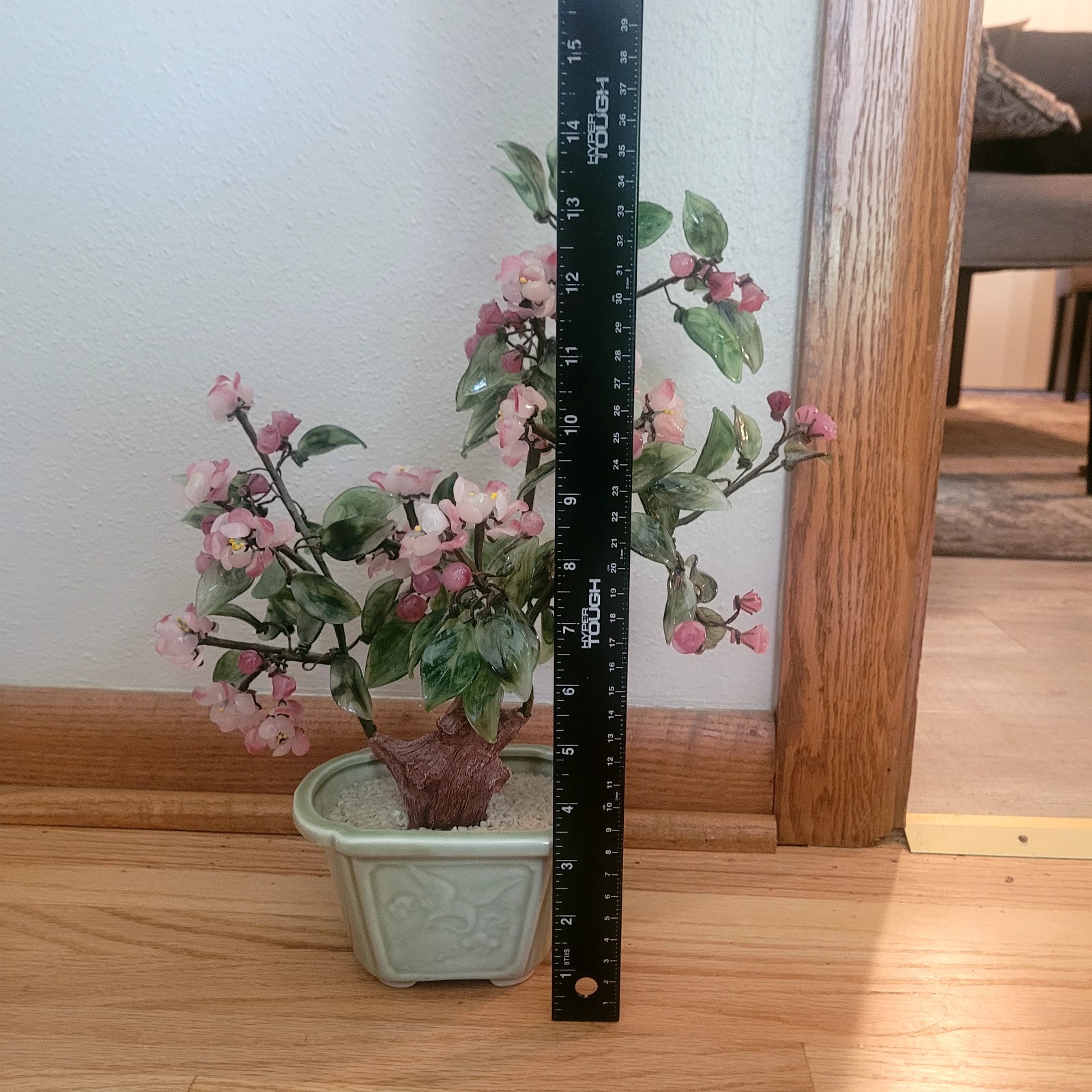 Vintage Chinese Glass Stone Jade Cherry Blossom Bonsai Tree Pink Flowers 14″