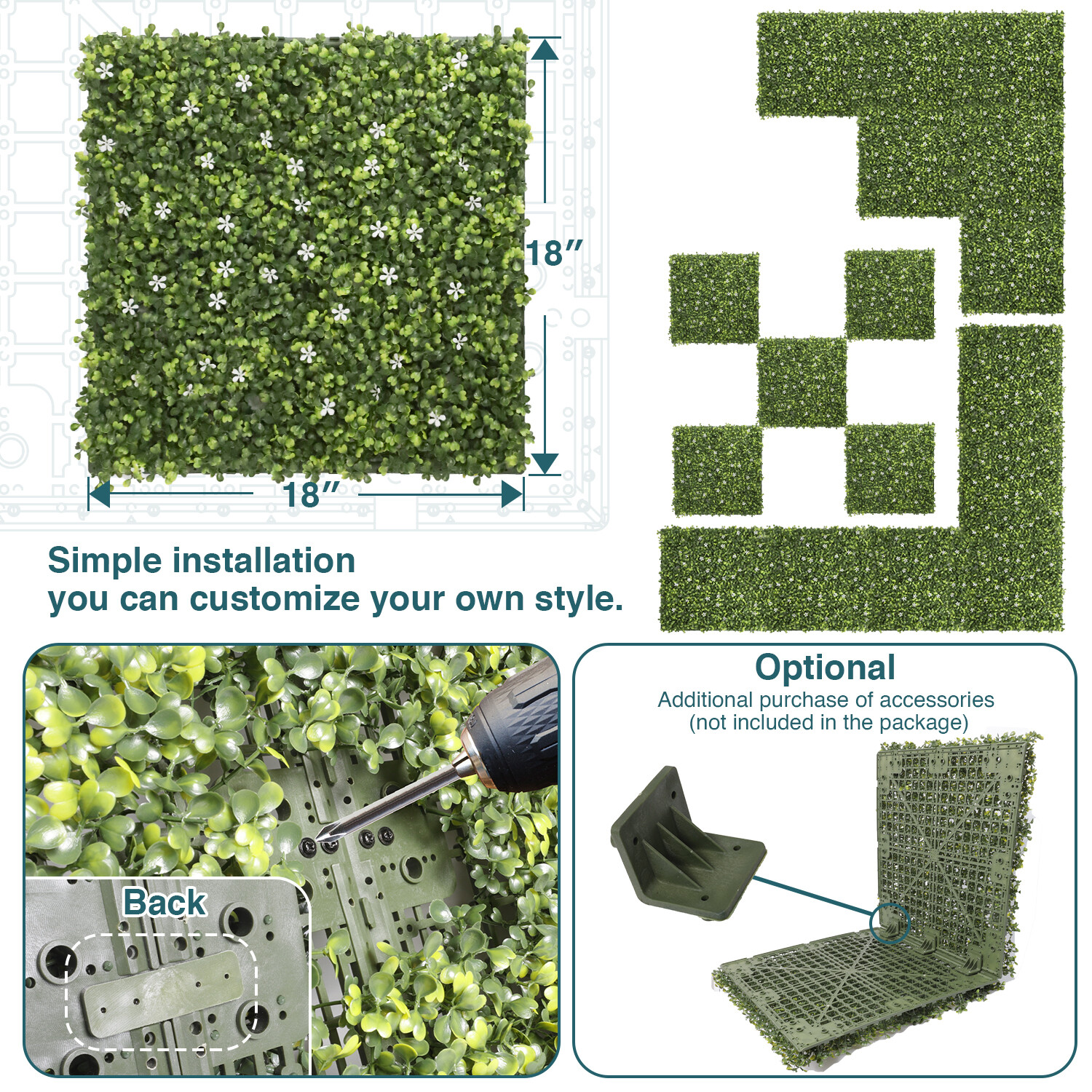 18″x18″ Artificial Ivy Mats Wall Hedge With Hard Panel for Indoor Outdoor Decor