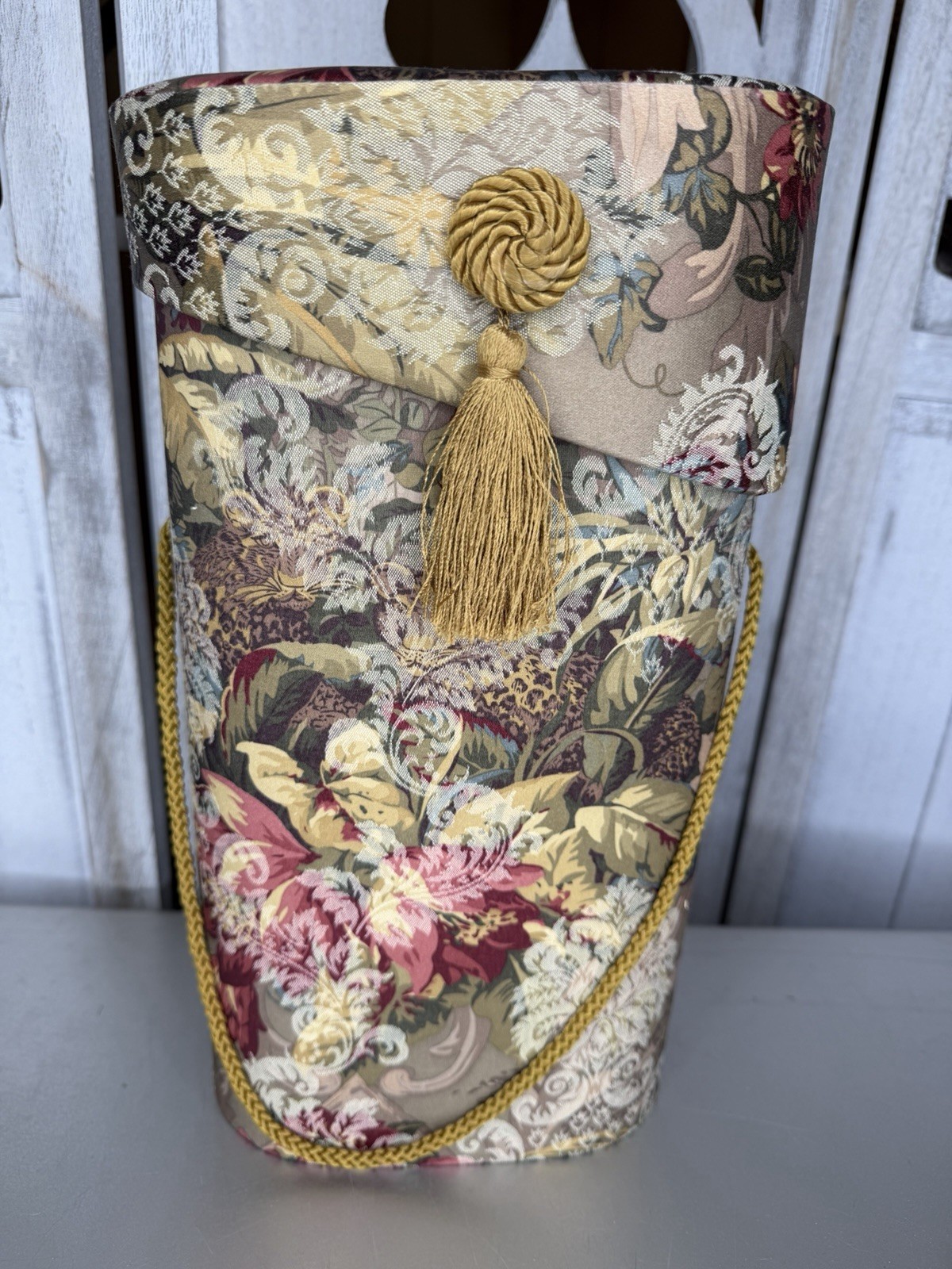 Vintage 90s Woven Floral Tapestry Decor Container With Tassel & Lid Cottagecore