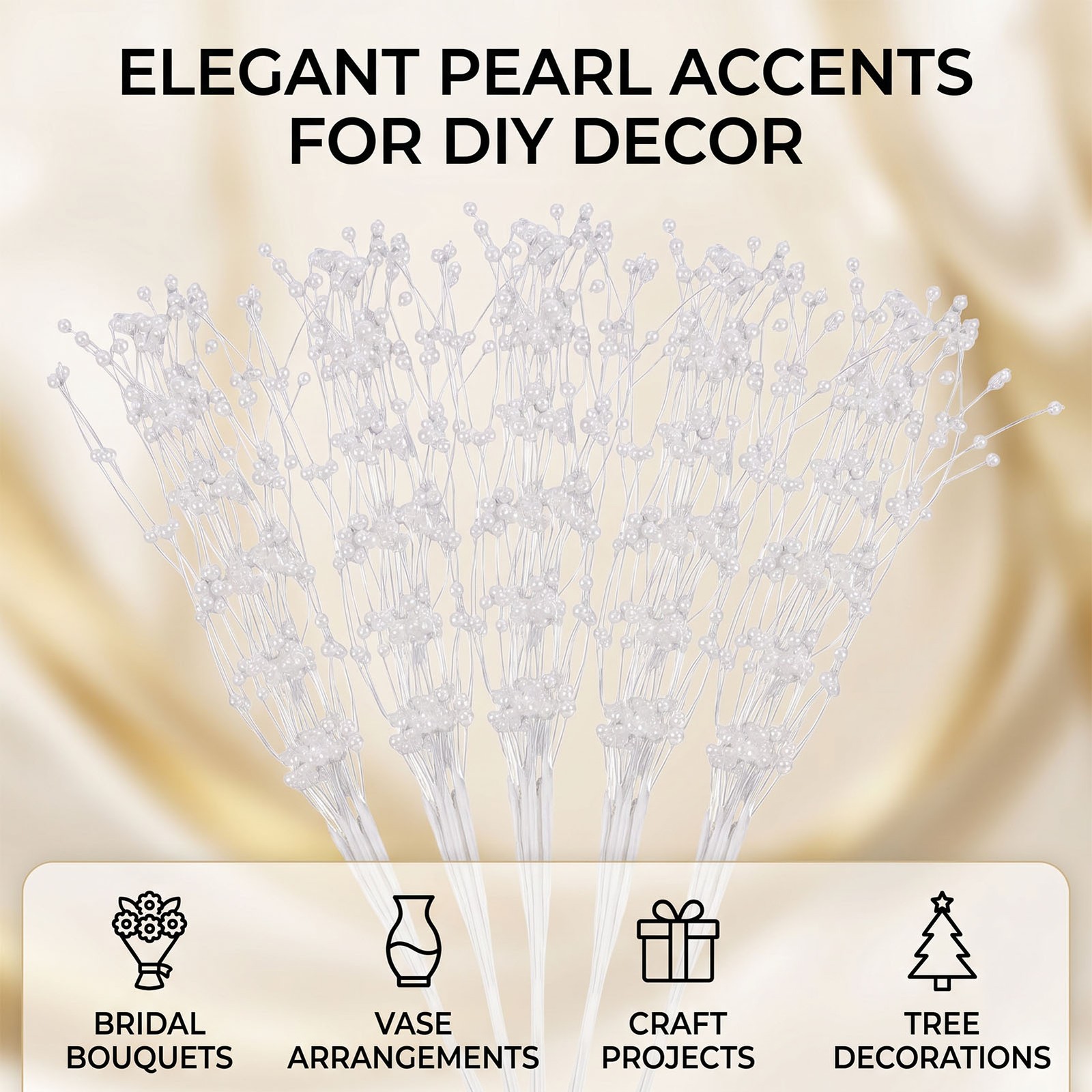 White 50PCS Pearl Beaded Stems 4mm Bead String Garland Floral Picks Flexible BT0