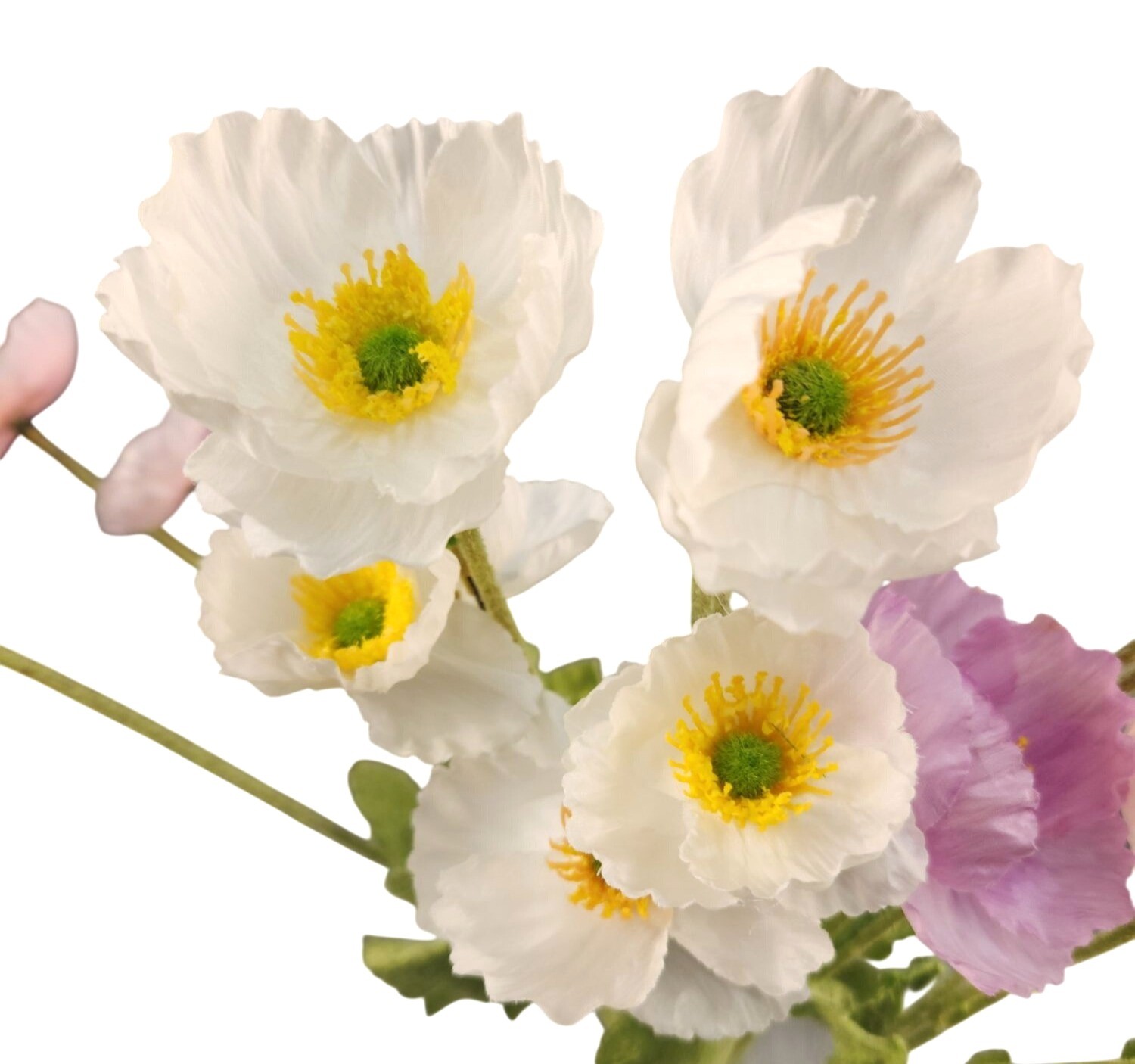 Artificial Silk Poppy Flowers Lavender White Pink Faux Wildflower Bouquet 6 Stem