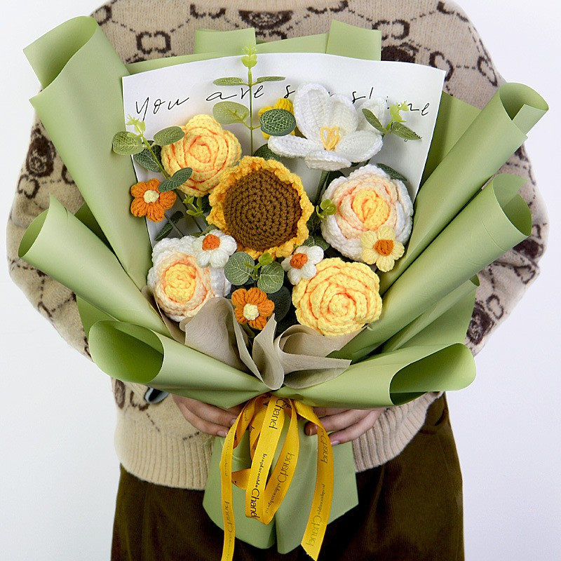 Completed Hand Knitted Crochet Flowers Bouquet Sunflower Daisy Lily Tulips Carna