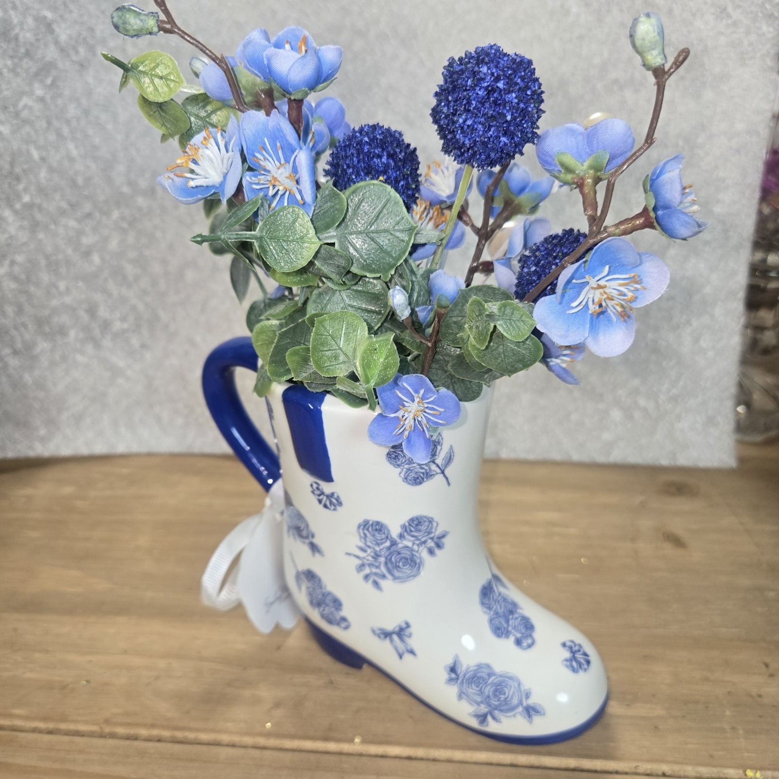 Flower Arrangement Porcelain Boot Vase Assorted Fake Flowers