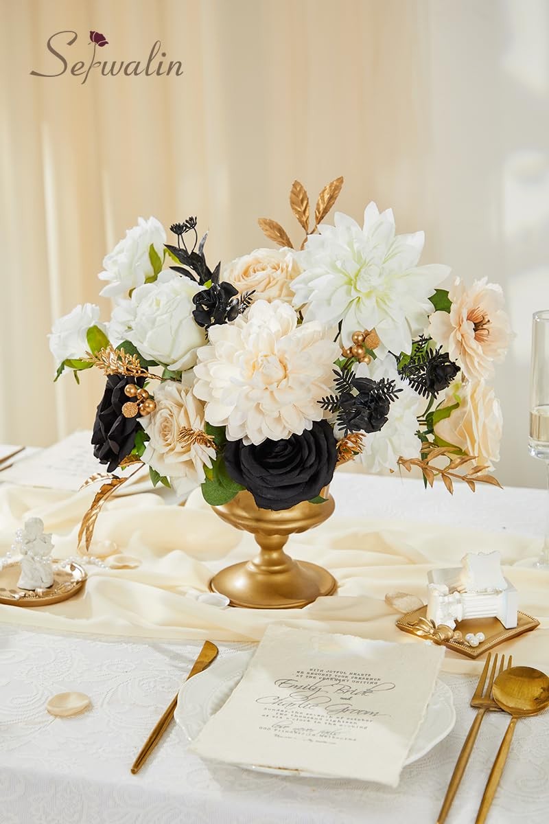 Artificial White & Black & Champagne Flowers, Silk Fake Flowers for DIY Weddi…