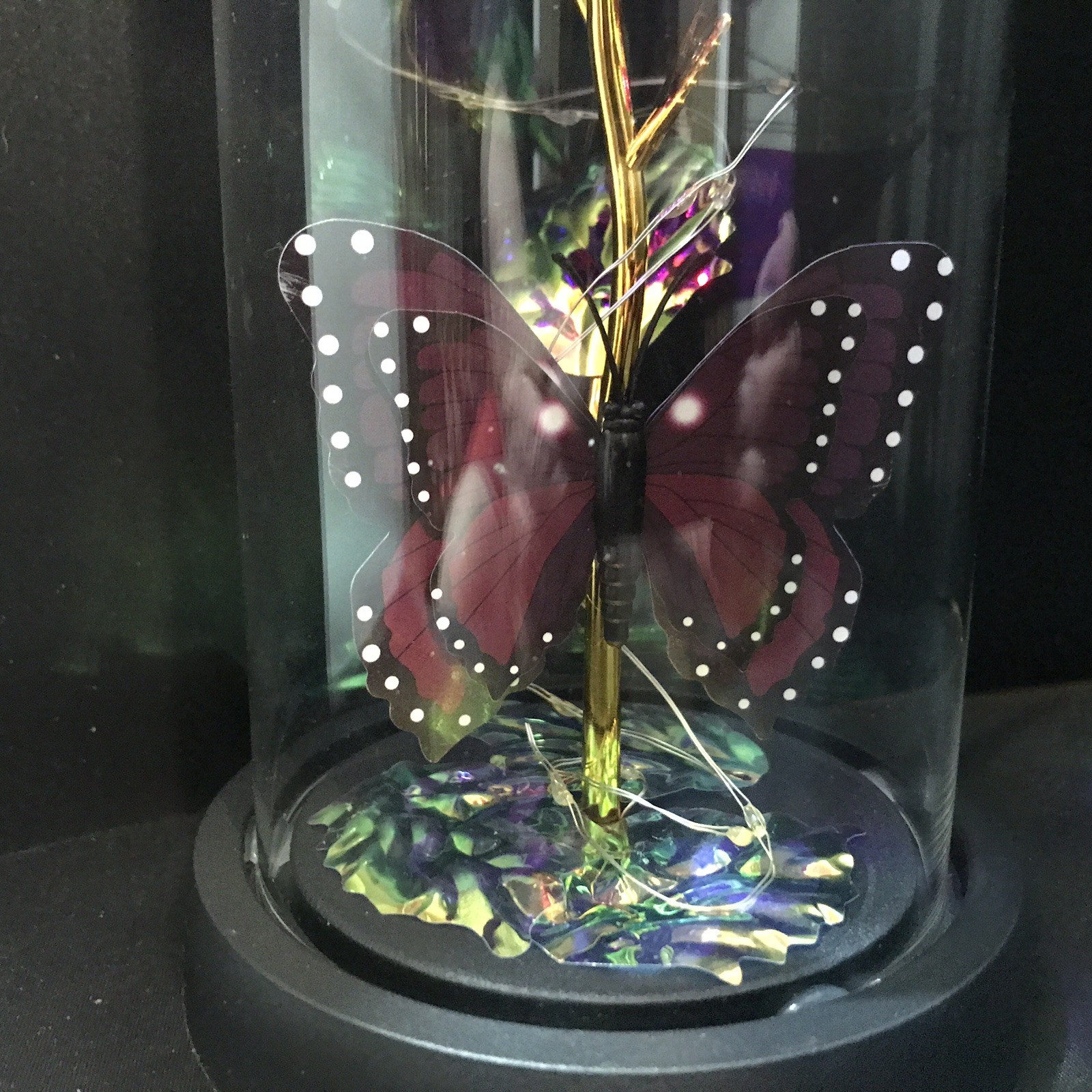 Foil Rose Flower Glass Dome LED Lights with a Butterfly Gift to a Special Person