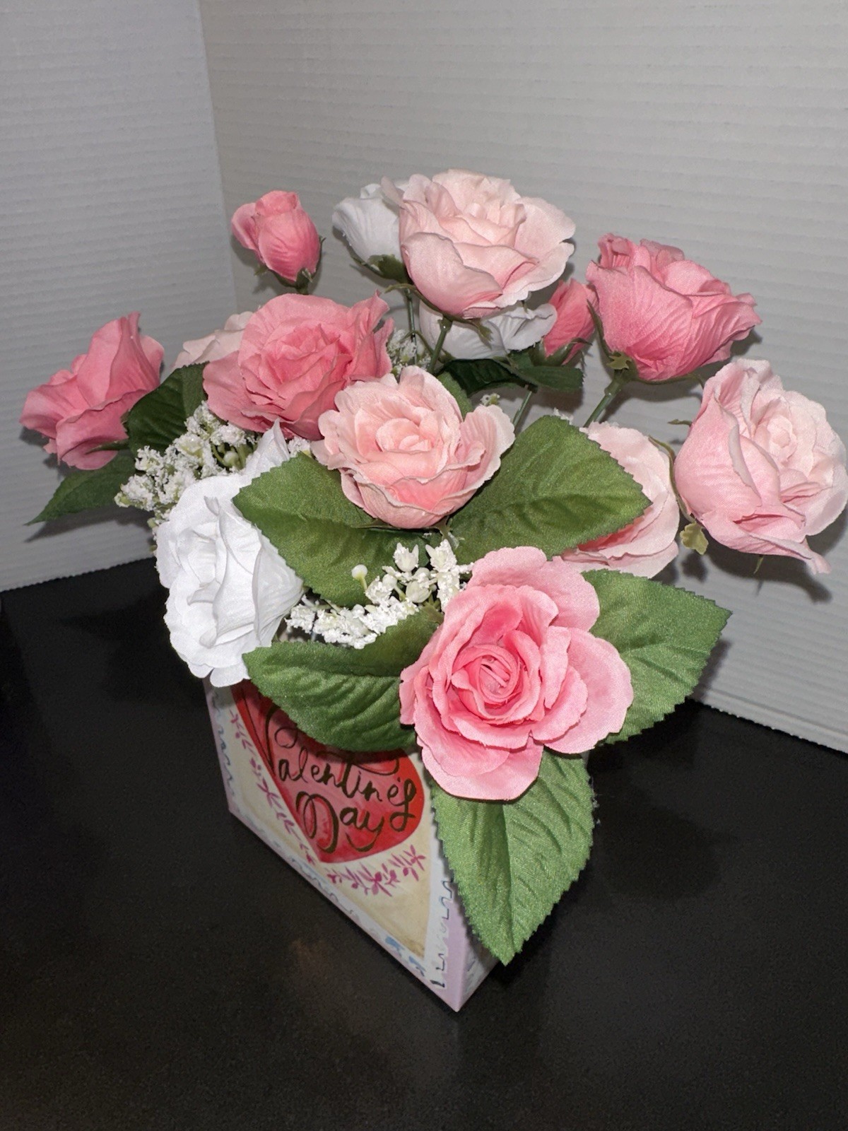 Valentine’s Day Floral Arrangement Pink & White Roses w/Baby’s Breath 12.5” x 10