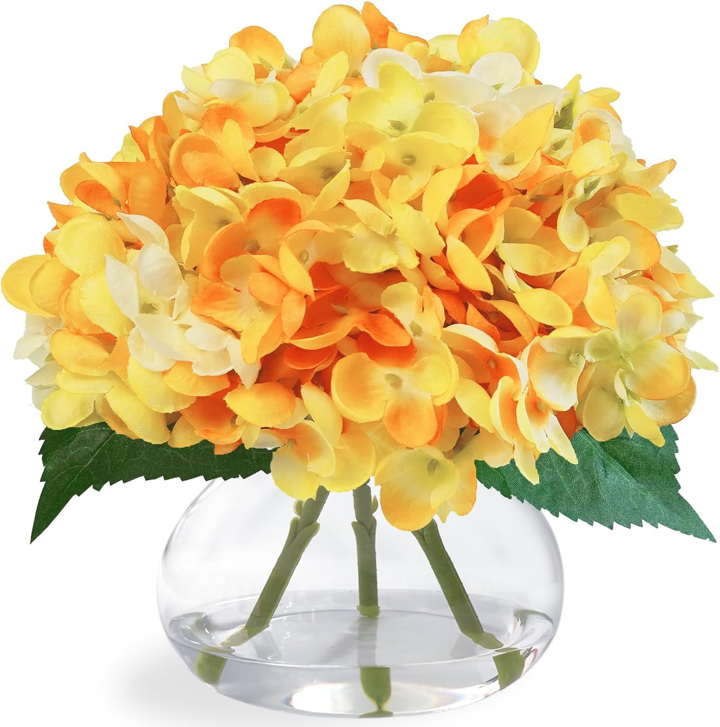 Hydrangea Artificial Flowers in Glass Vase, White Silk Fake Flowers Silk Centerp