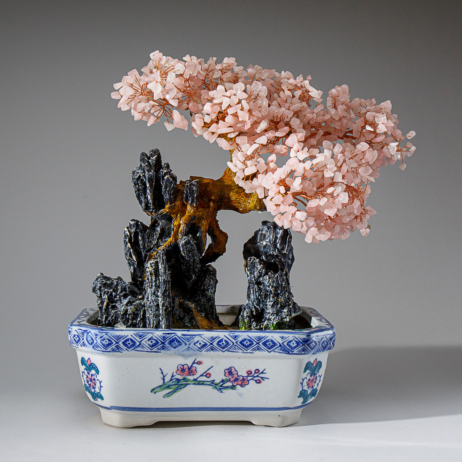 Genuine Rose Quartz Gemstone Bonsai Tree in Round Ceramic Pot (13”Tall)