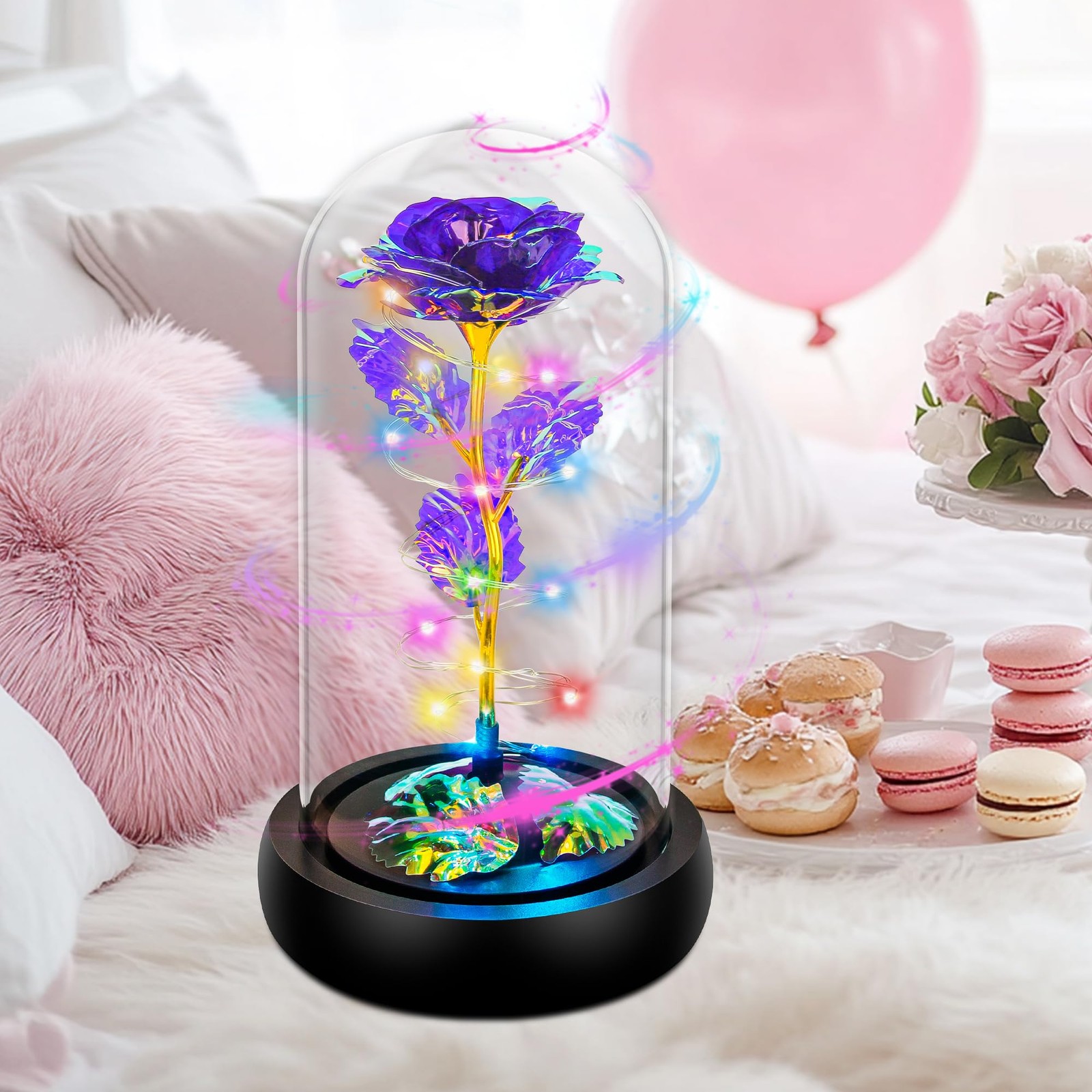 Rotating Colorful Purple Rose in Glass Dome Unique Valentines Day Gift for Her