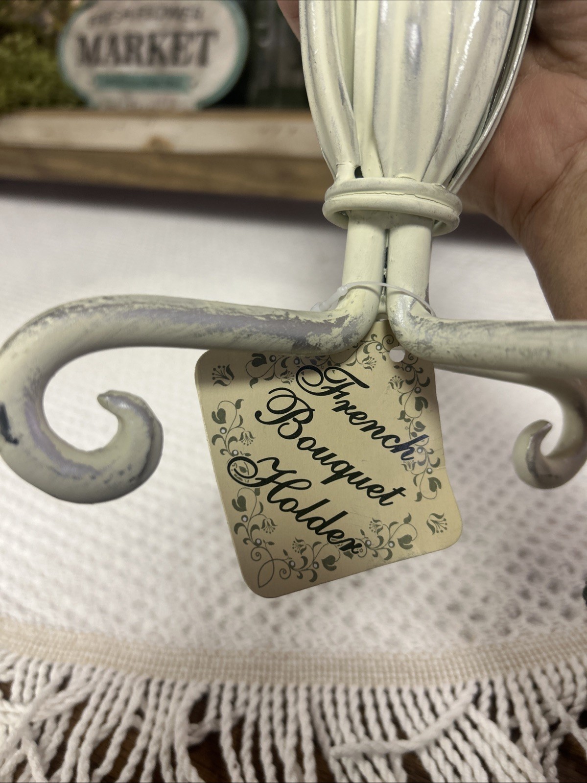 Vintage French Bouquet Holder Aged White Metal Displayer For Floral Cottage New