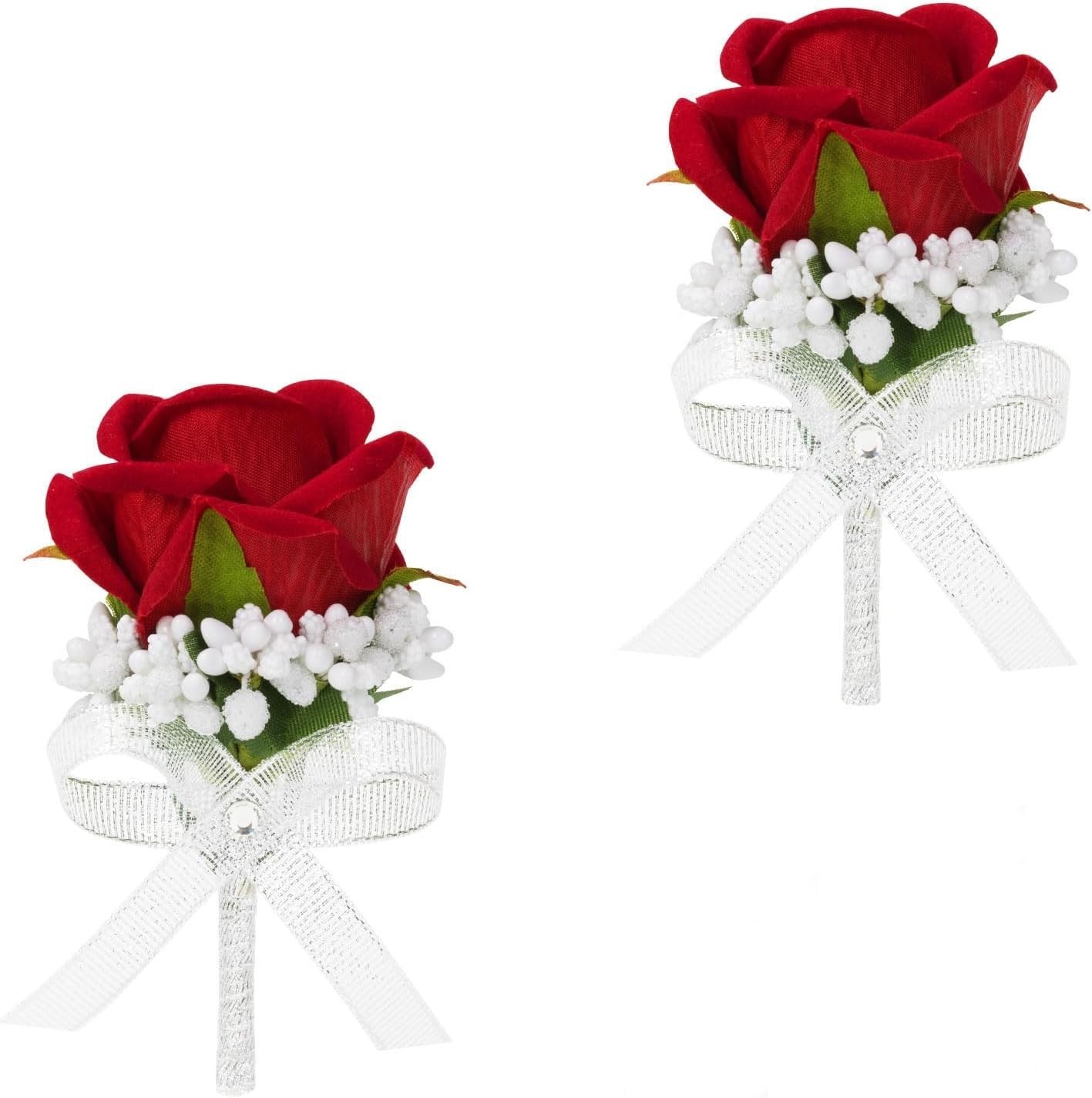 Red Rose Boutonniere Set of 2 Artificial Flowers Wedding Prom Party