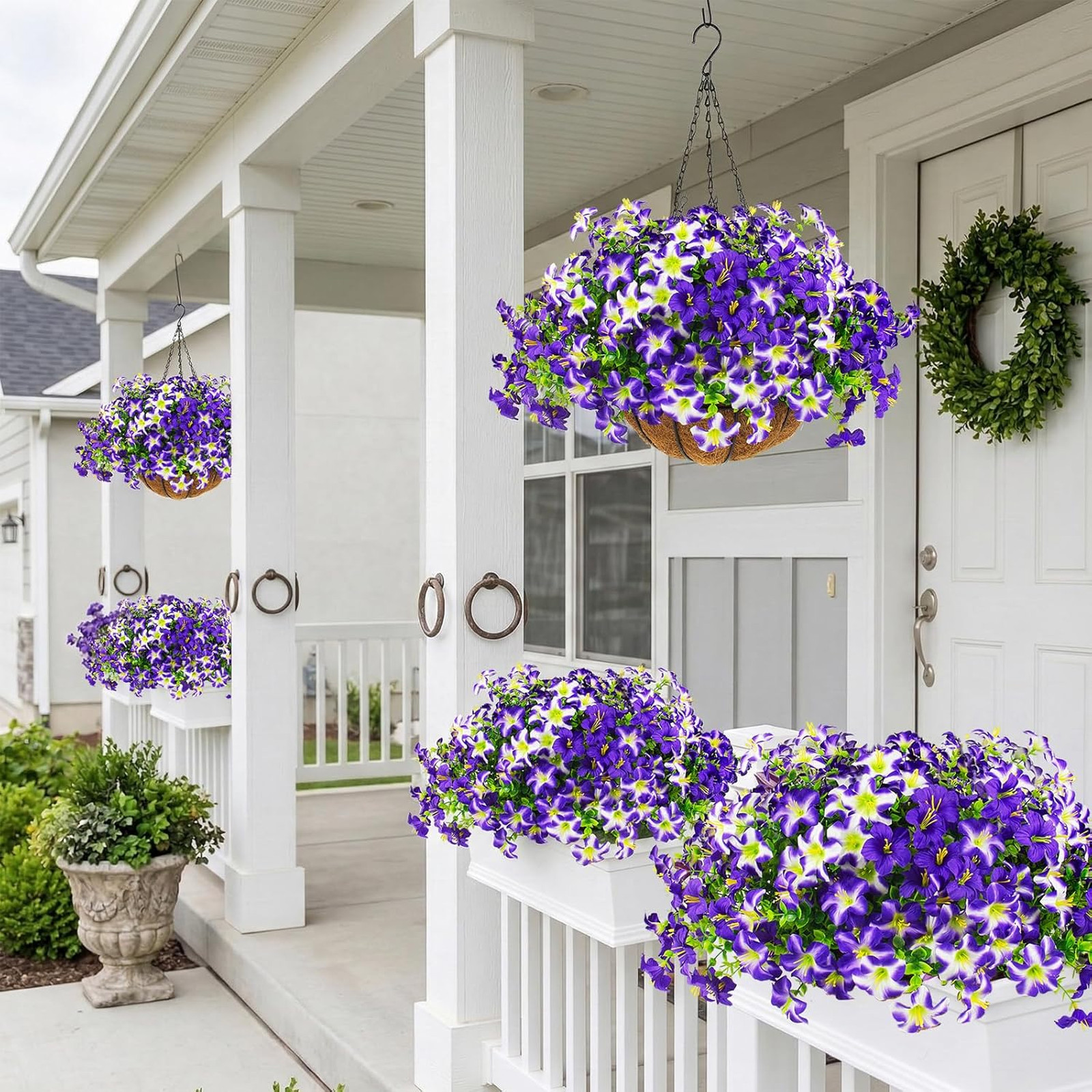 Artificial Petunias Flowers Set with Hanging Baskets UV Resistant Faux Purple