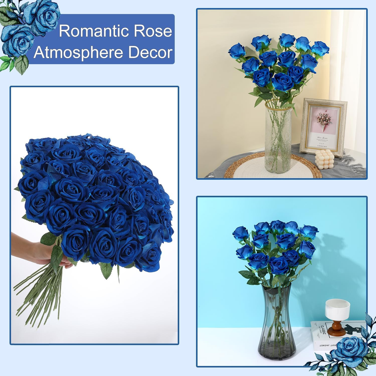 12Pcs Blue Roses Artificial Flowers Fake Roses Faux Velvet Silk Flower for Ho…
