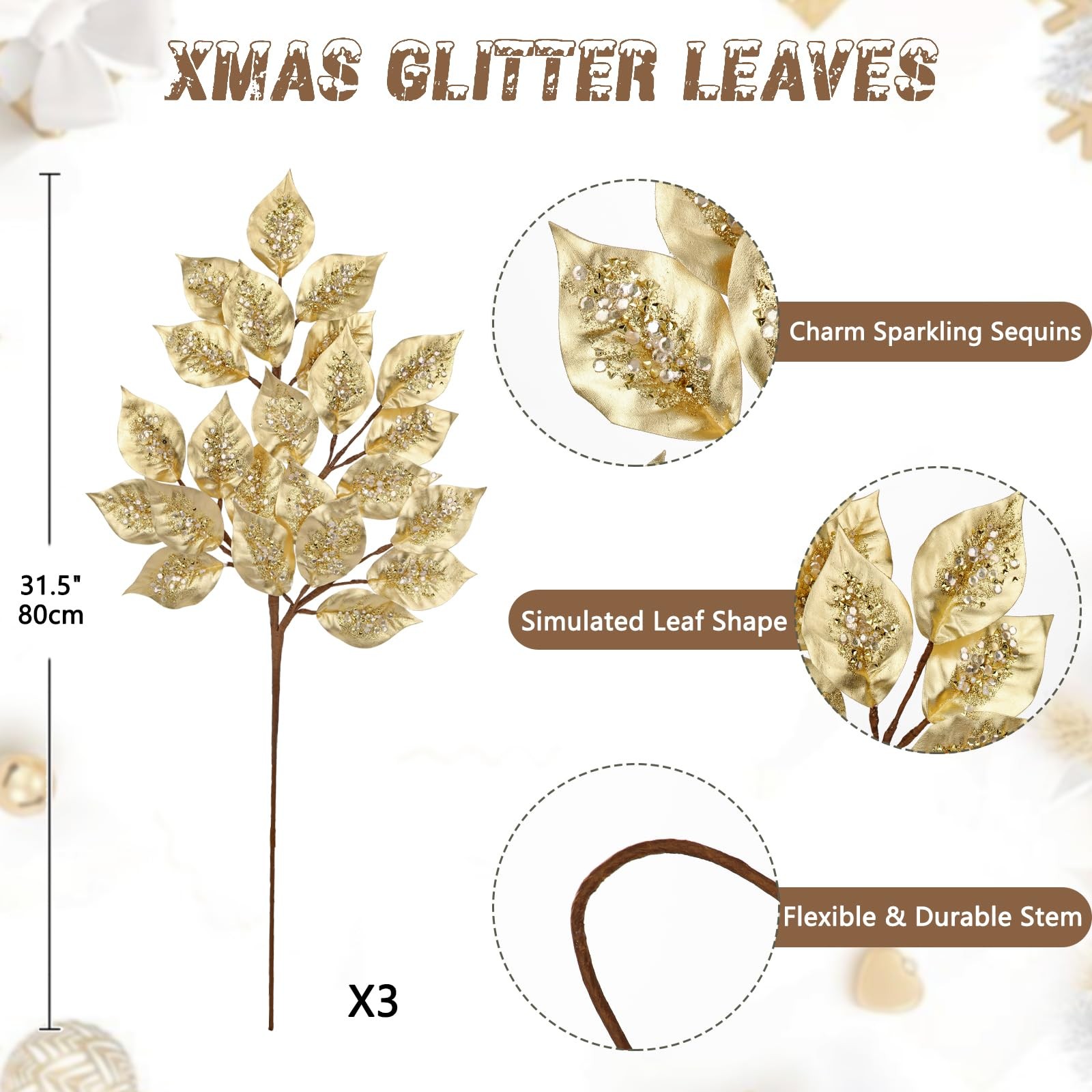 Christmas Tree Picks and Sprays 31.5″ Gold Atrificial Elm Leaves with Stems 3…