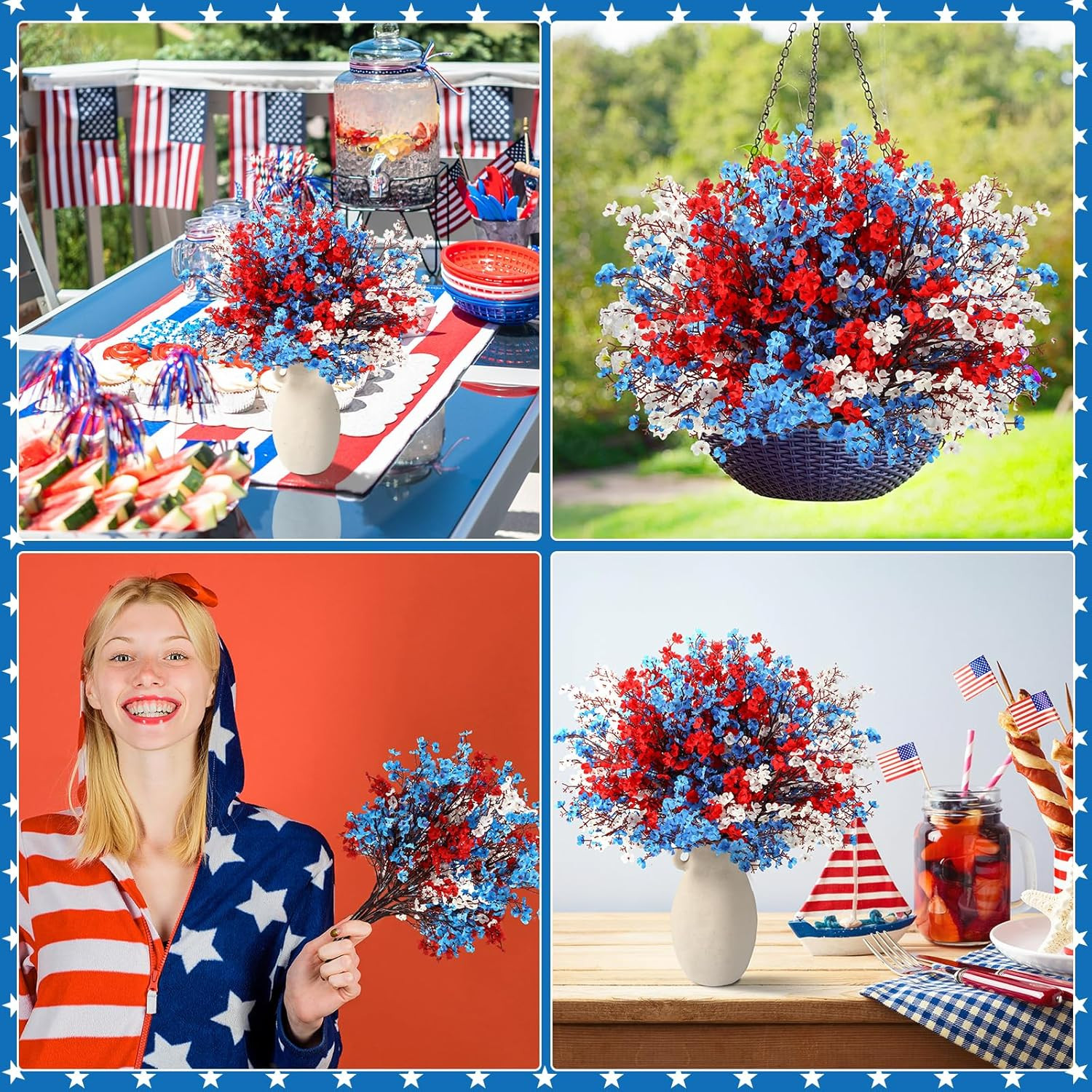 24 Pcs Red Blue White Patriotic Artificial Flowers 4Th of July 250Th Anniversary
