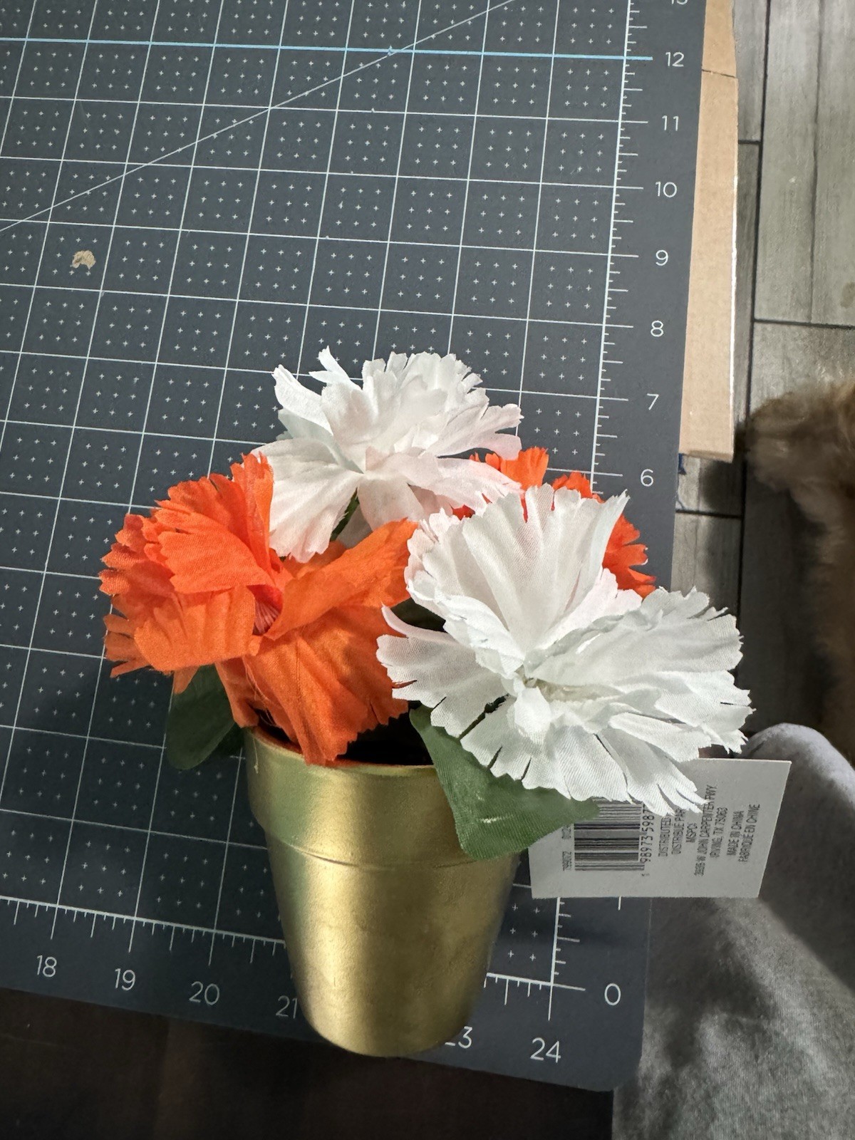 Set Of 2 St.Patricks Faux Plants Gold Pots With Orange White And Green Flowers