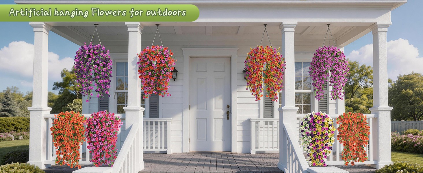 Artificial Hanging Flowers for Outdoors, 6PCS Faux Silk Artificial Flowers for