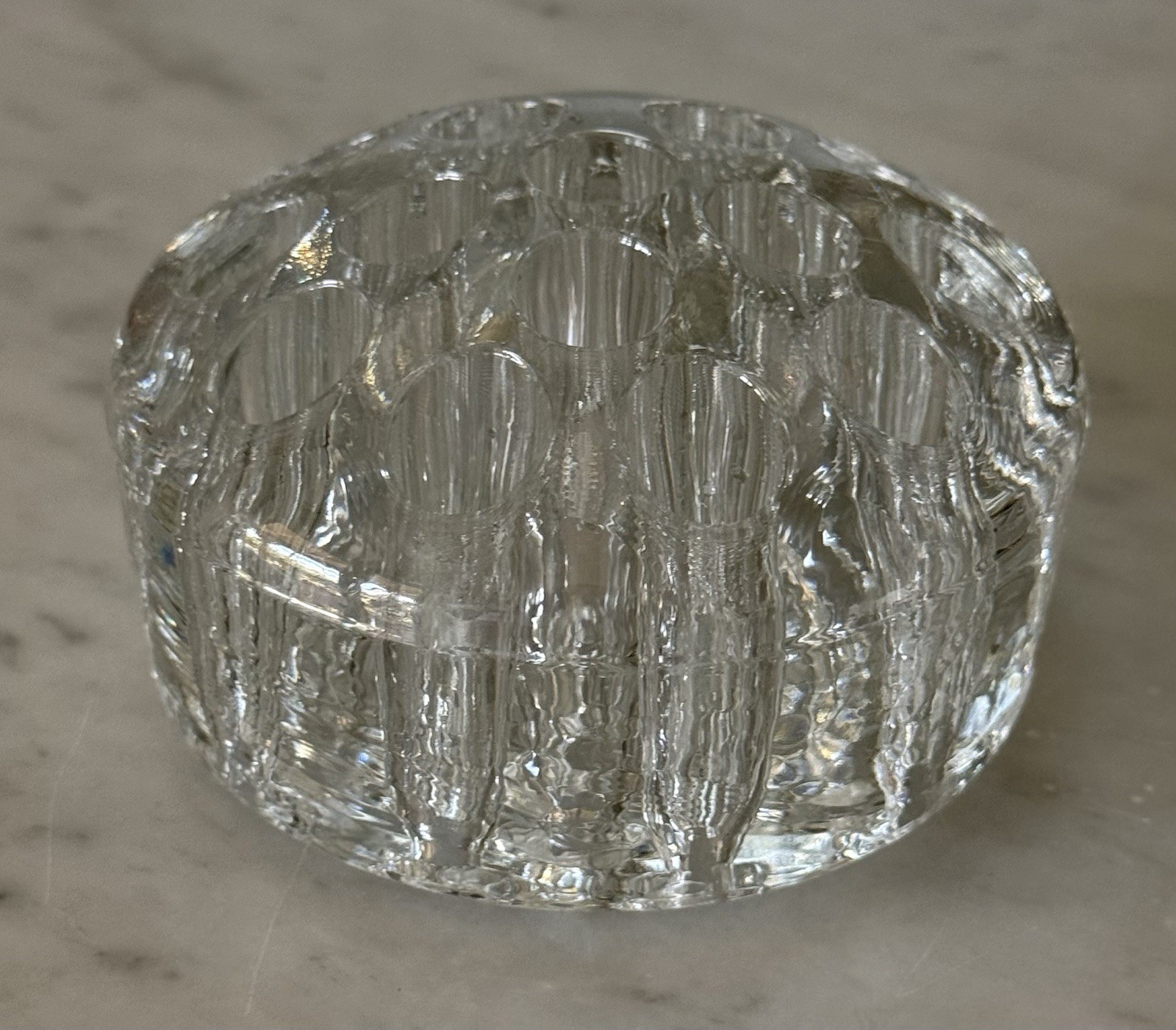 Vintage Thick Heavy Round 16-Hole Glass Flower Frog 3-3/4″ Diameter