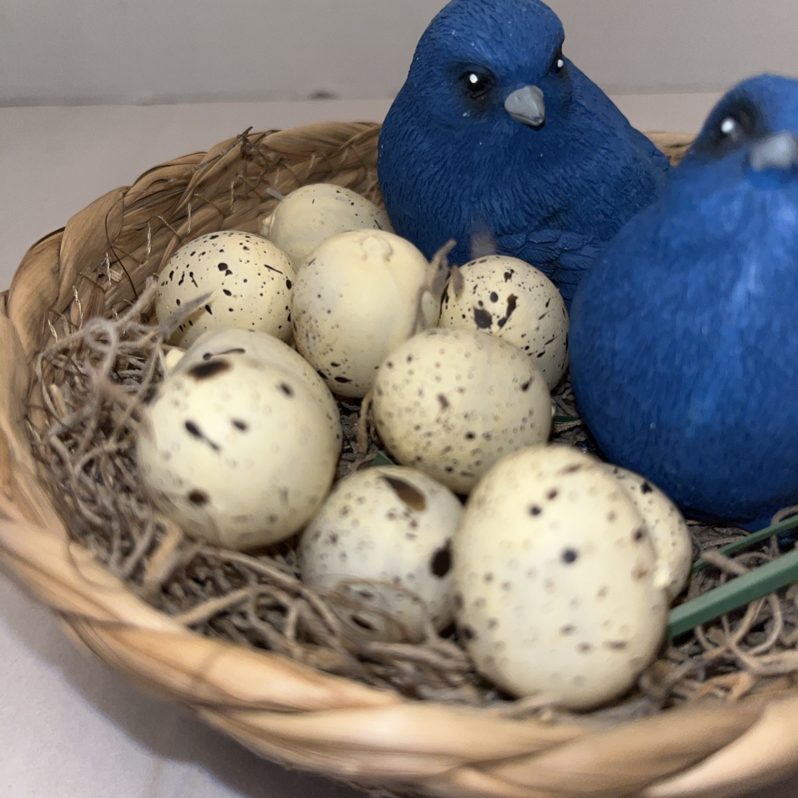 Vintage Decorative Bird Nest Basket W/Blue Birds & Speckled Eggs-Rustic Cottage