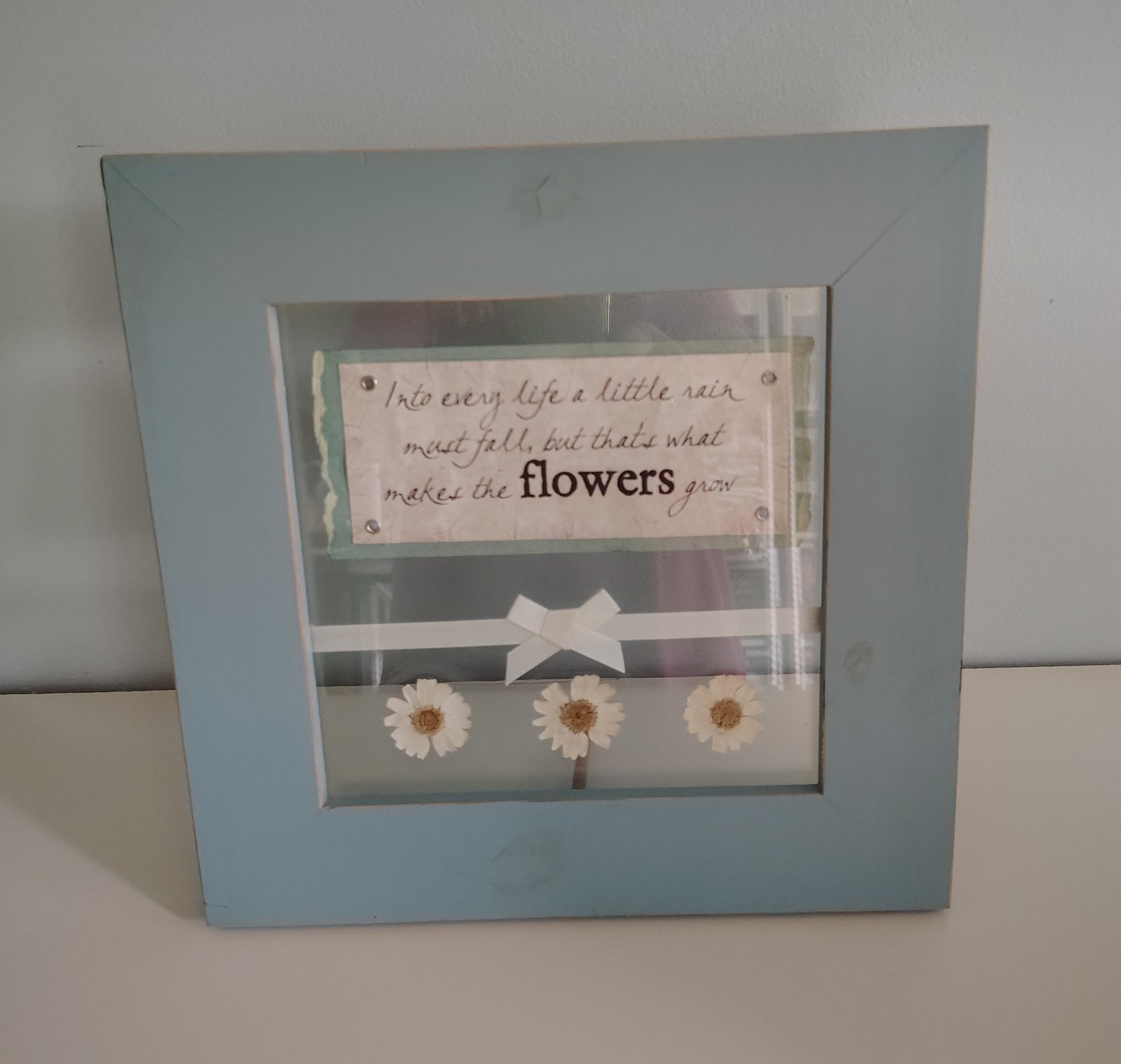 Dried Flowers Encased In Glass w/Quote In Rustic Wood Blue Frame Shabby Chic