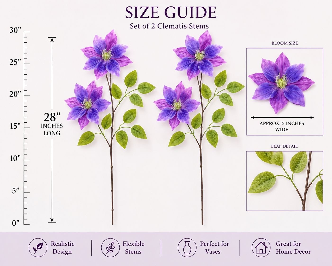Set of 2 Purple Clematis Stems Faux Flower Branches Floral Decor Cottagecore