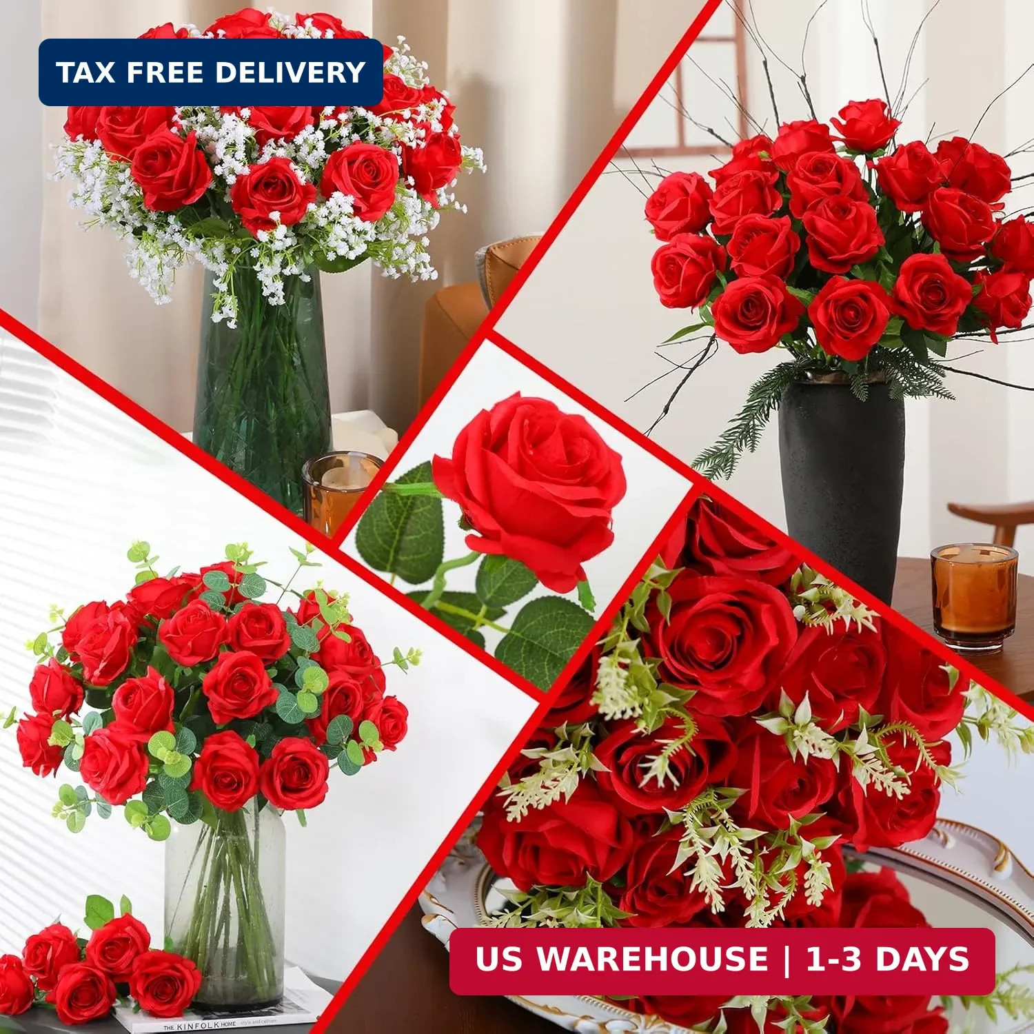 50PCS Artificial Silk Roses Flowers – Realistic Fake Roses in Bulk & Bouquet Lon