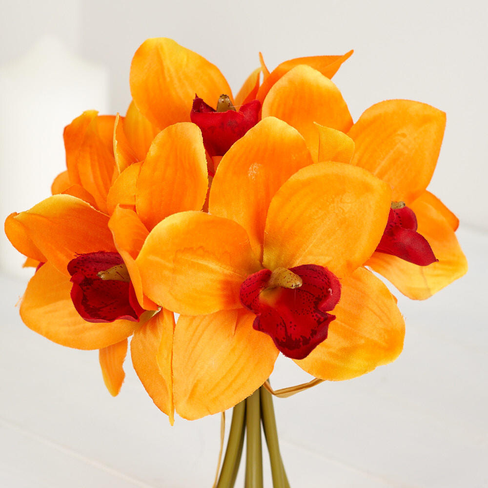 Set of 2 Florescent Orange Artificial Cymbidium Orchid 9-1/2″ Floral Bundles