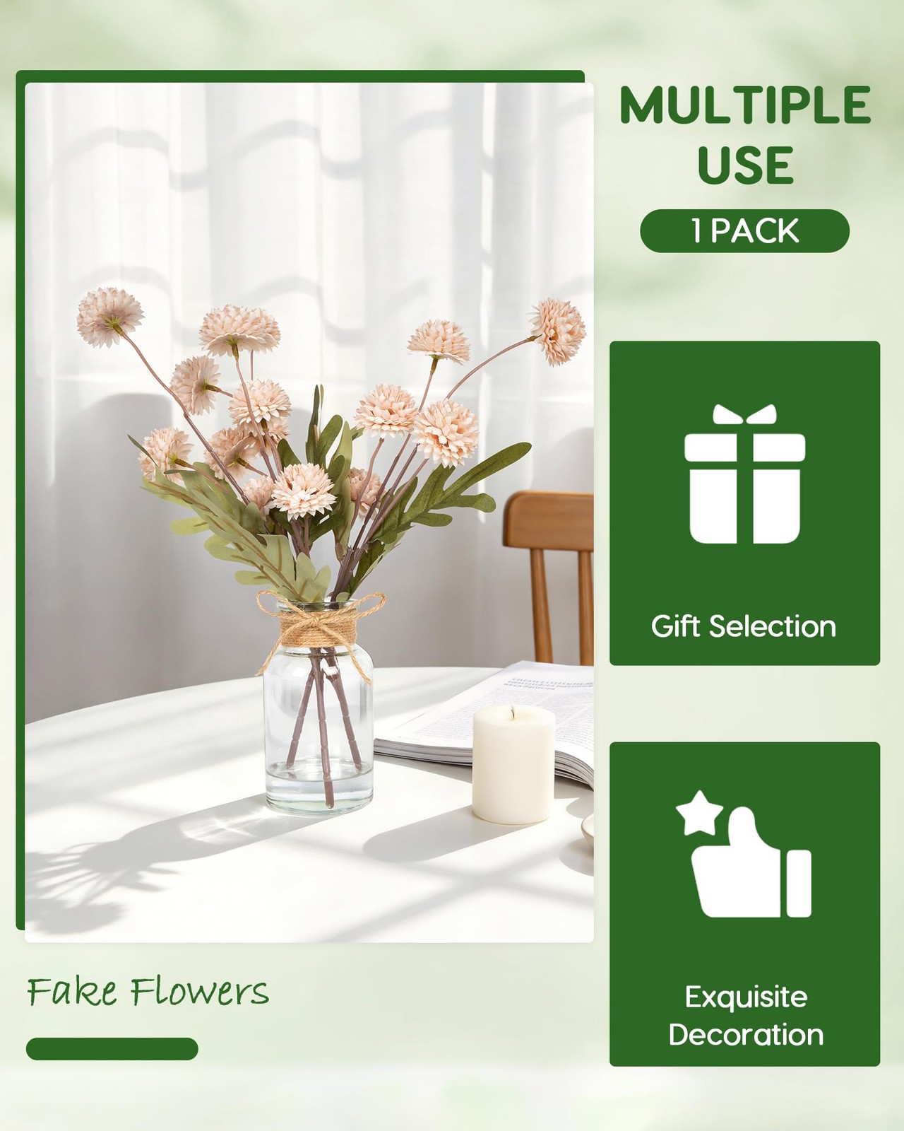 Beige Faux Silk Mums Fake Flowers in Vase With Faux Water, Fake Plants Artifi…