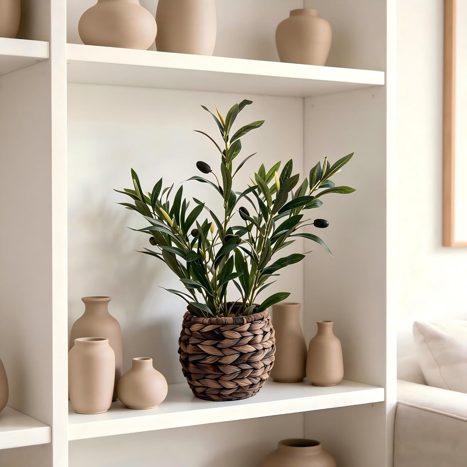 17″ Fake Olive Plant in Handwoven Basket for Home Desk Decor | Artificial Plants