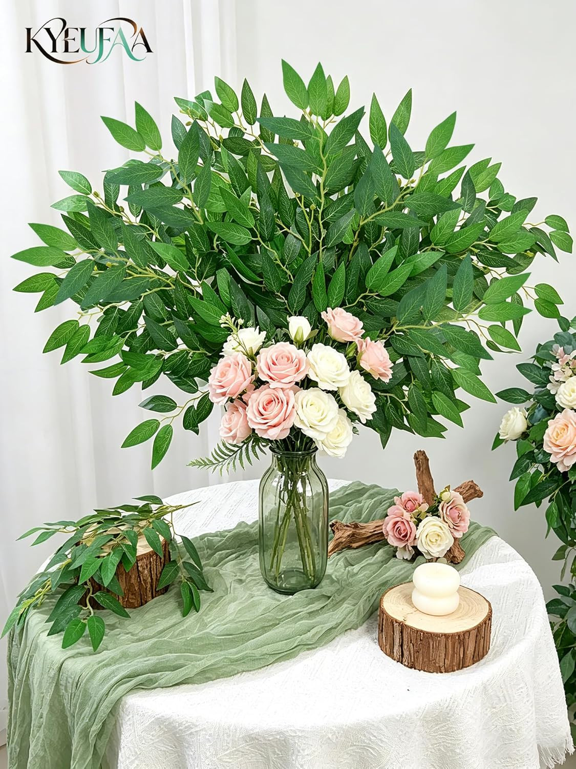 48Pcs Italian Ruscus Greenery Stems Bulk, Artificial Silk Green Leaves Garland,