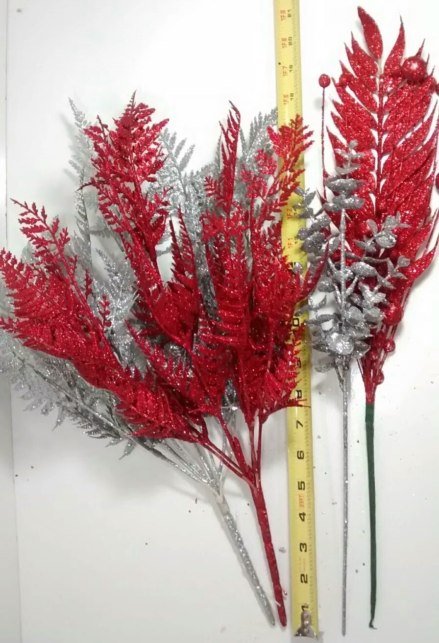 Set Of 6 Mixed Metallic Glitter Red & Silver Berry Sprays Floral Decoration