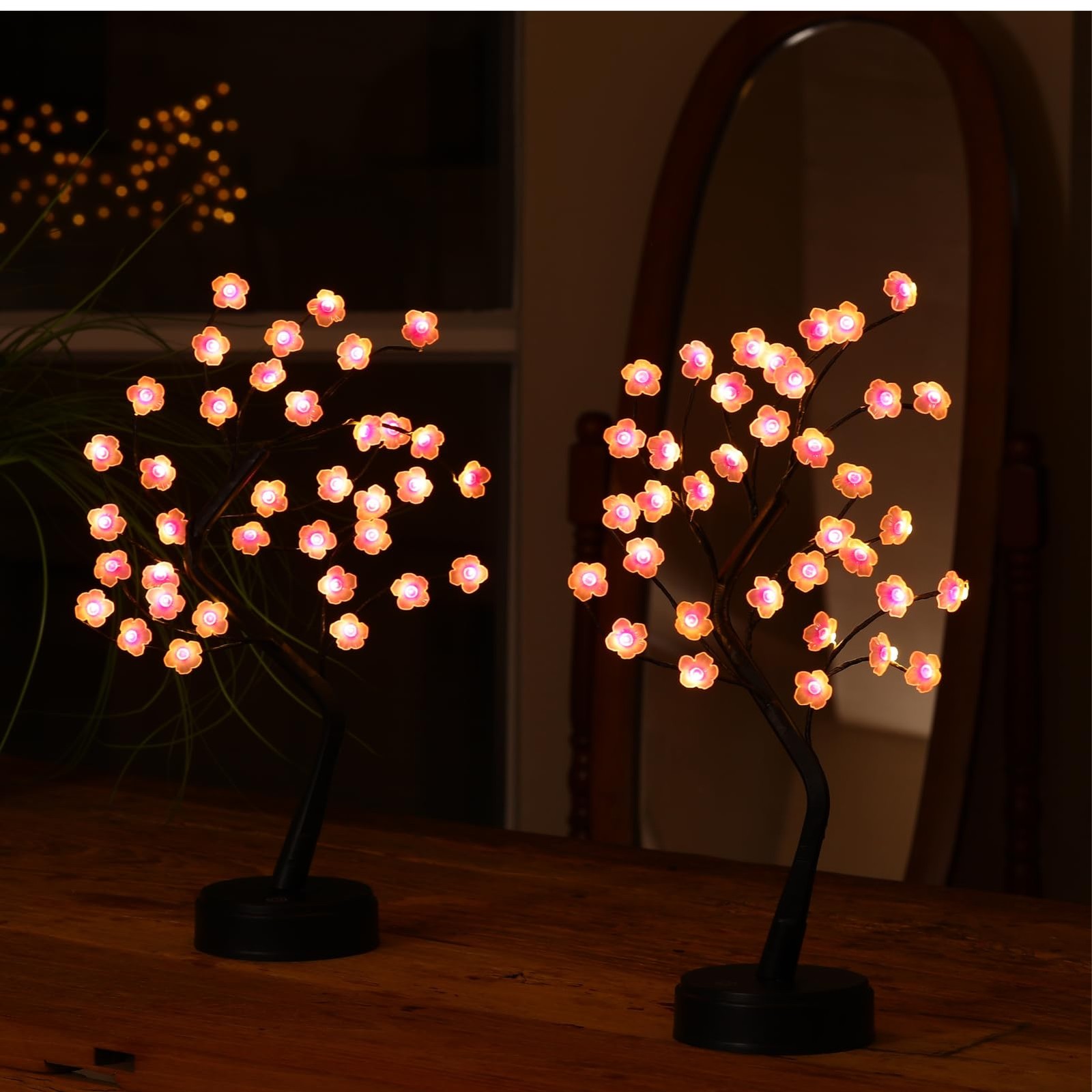 2 PCS Cherry Blossom Tree Lamp 18 Inch 36 LED Bonsai Lights Battery/USB Warm