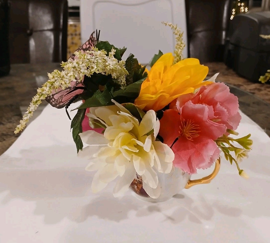 Pink Butterfly Floral Arrangement Tea Cup POP-IN Bridal Party Birthday Get Well